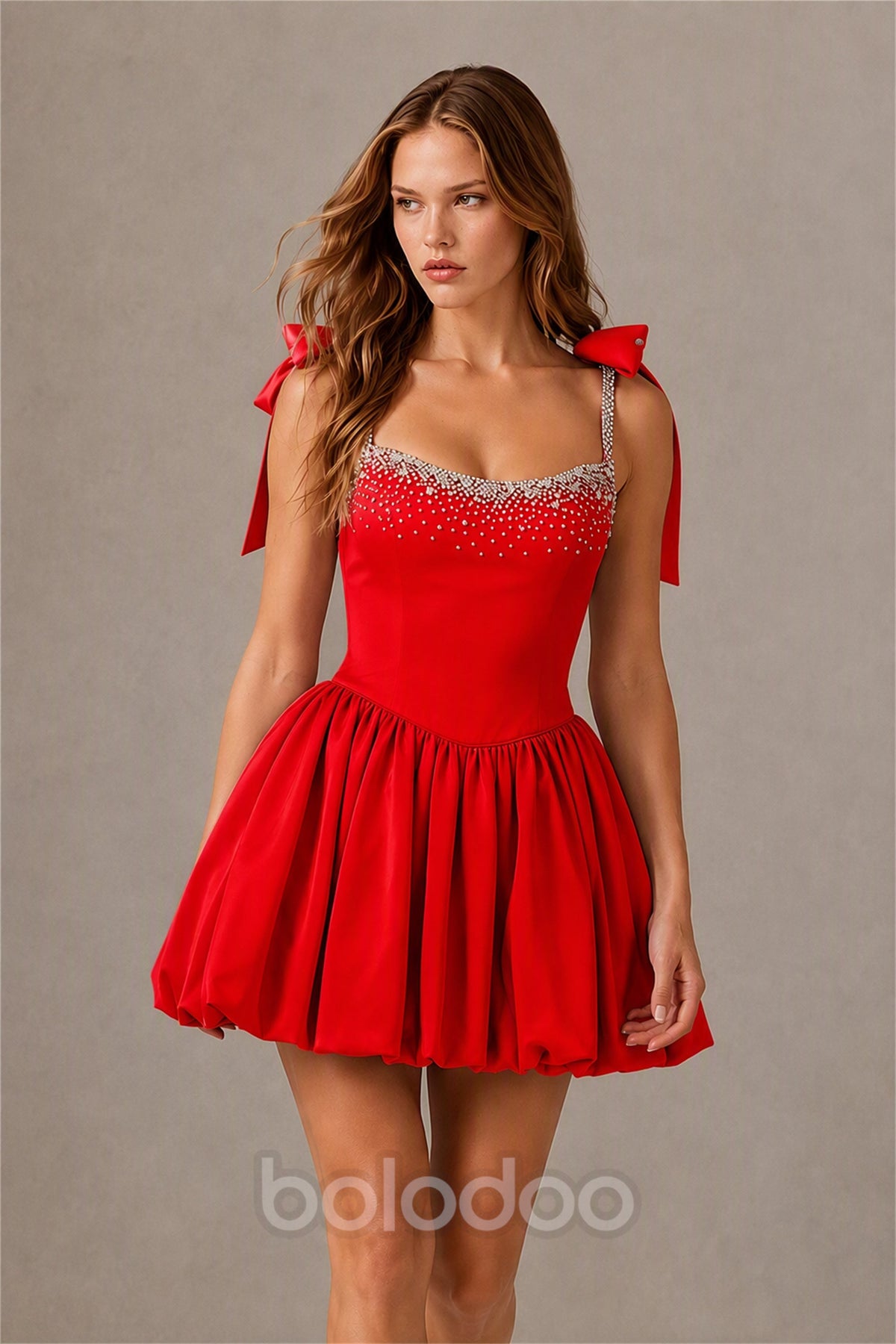 BOLODOO Red Satin Pearl Embellished Sweetheart Bow Strap Bubble Hem Mini Dress | Cocktail Prom Homecoming Dress - Red | BOLODOO watermark