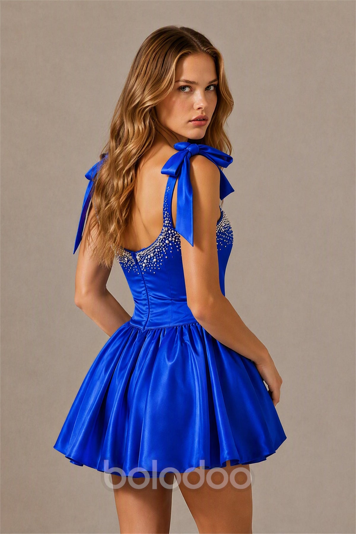 BOLODOO Royal Blue Satin Pearl Embellished Sweetheart Bow Strap Bubble Hem Mini Dress | Cocktail Prom Homecoming Dress - Royal Blue | BOLODOO watermark