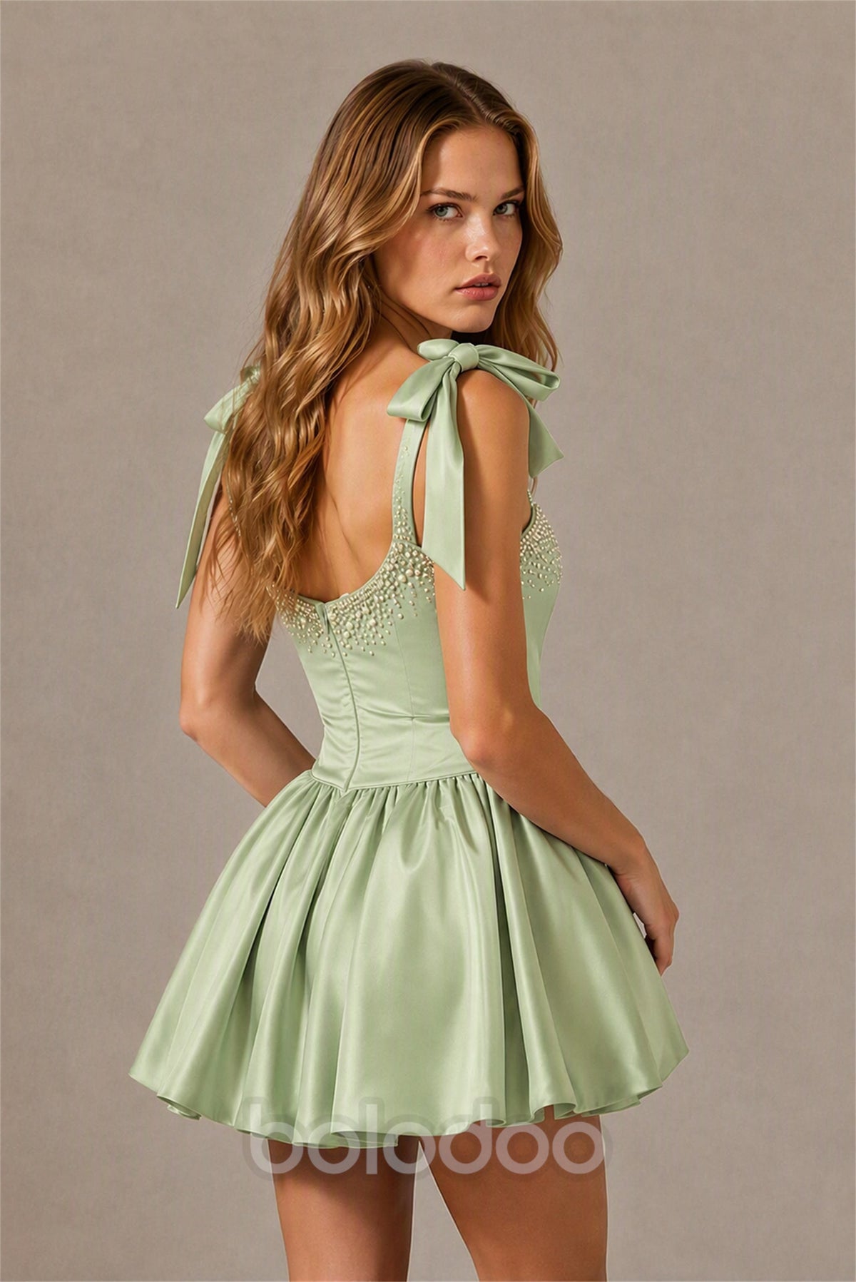BOLODOO Sage Green Satin Pearl Embellished Sweetheart Bow Strap Bubble Hem Mini Dress | Cocktail Prom Homecoming Dress - Sage Green | BOLODOO watermark