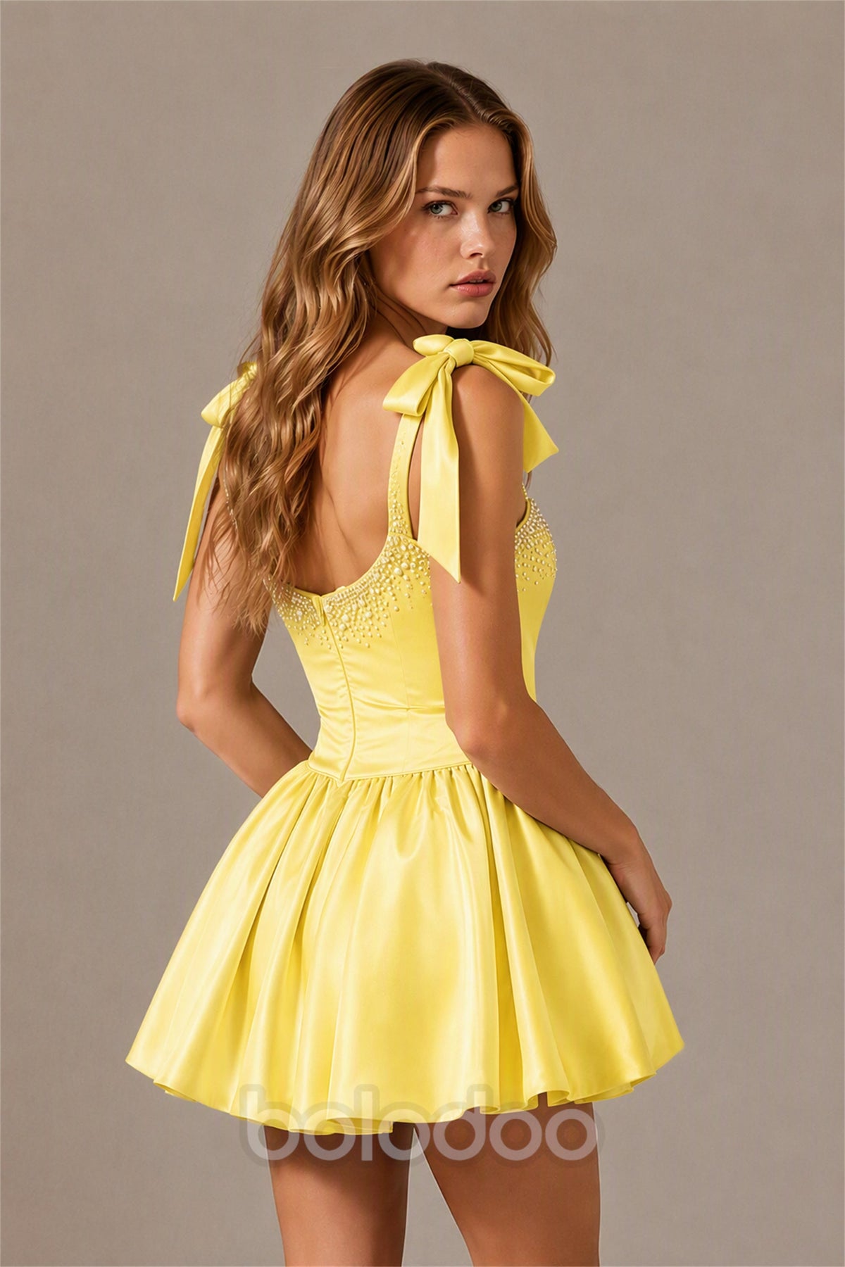 BOLODOO Yellow Satin Pearl Embellished Sweetheart Bow Strap Bubble Hem Mini Dress | Cocktail Prom Homecoming Dress - Yellow | BOLODOO watermark