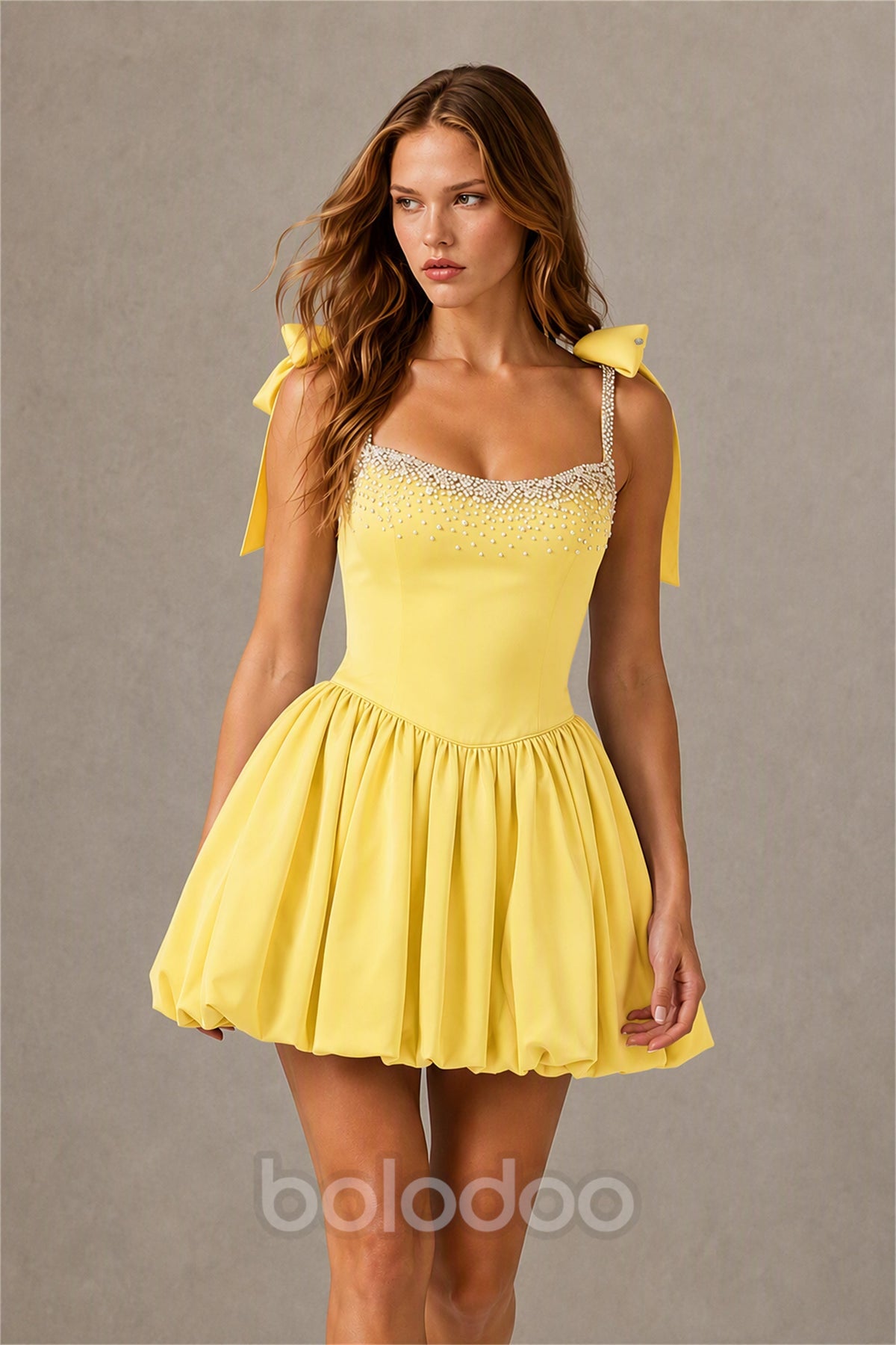 BOLODOO Yellow Satin Pearl Embellished Sweetheart Bow Strap Bubble Hem Mini Dress | Cocktail Prom Homecoming Dress - Yellow | BOLODOO watermark