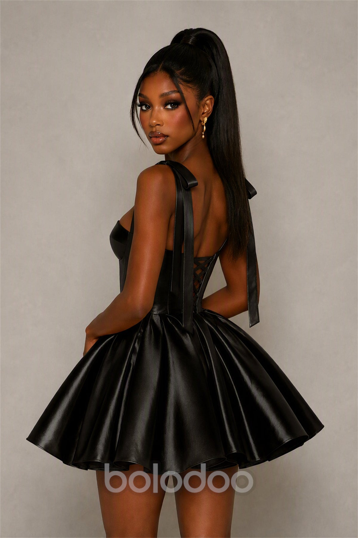 BOLODOO Black Satin Sweetheart Corset Bow Strap Lace-Up Open Back Full Skirt Mini Dress | Prom Cocktail Party Dress - Black | BOLODOO watermark