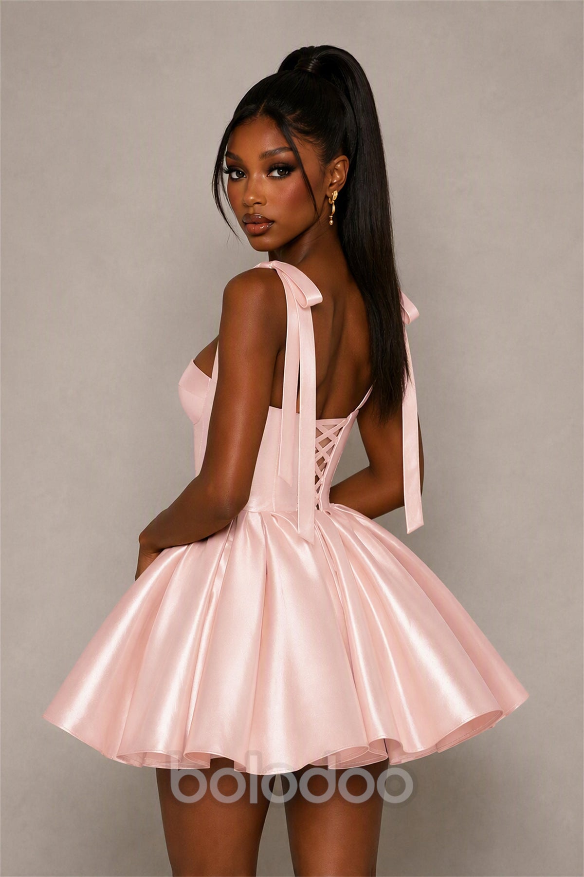 BOLODOO Blush Pink Satin Sweetheart Corset Bow Strap Lace-Up Open Back Full Skirt Mini Dress | Prom Cocktail Party Dress - Blush Pink | BOLODOO watermark