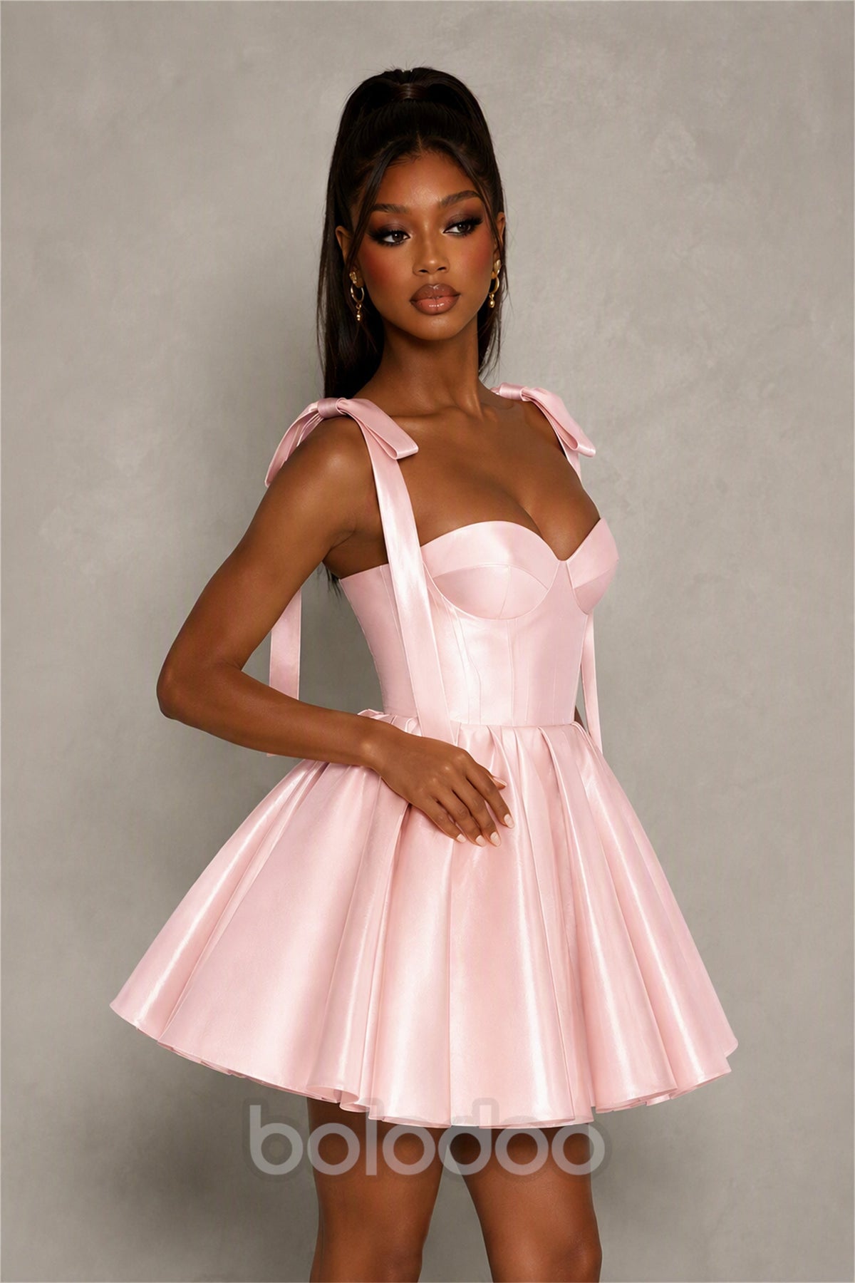 BOLODOO Blush Pink Satin Sweetheart Corset Bow Strap Lace-Up Open Back Full Skirt Mini Dress | Prom Cocktail Party Dress - Blush Pink | BOLODOO watermark