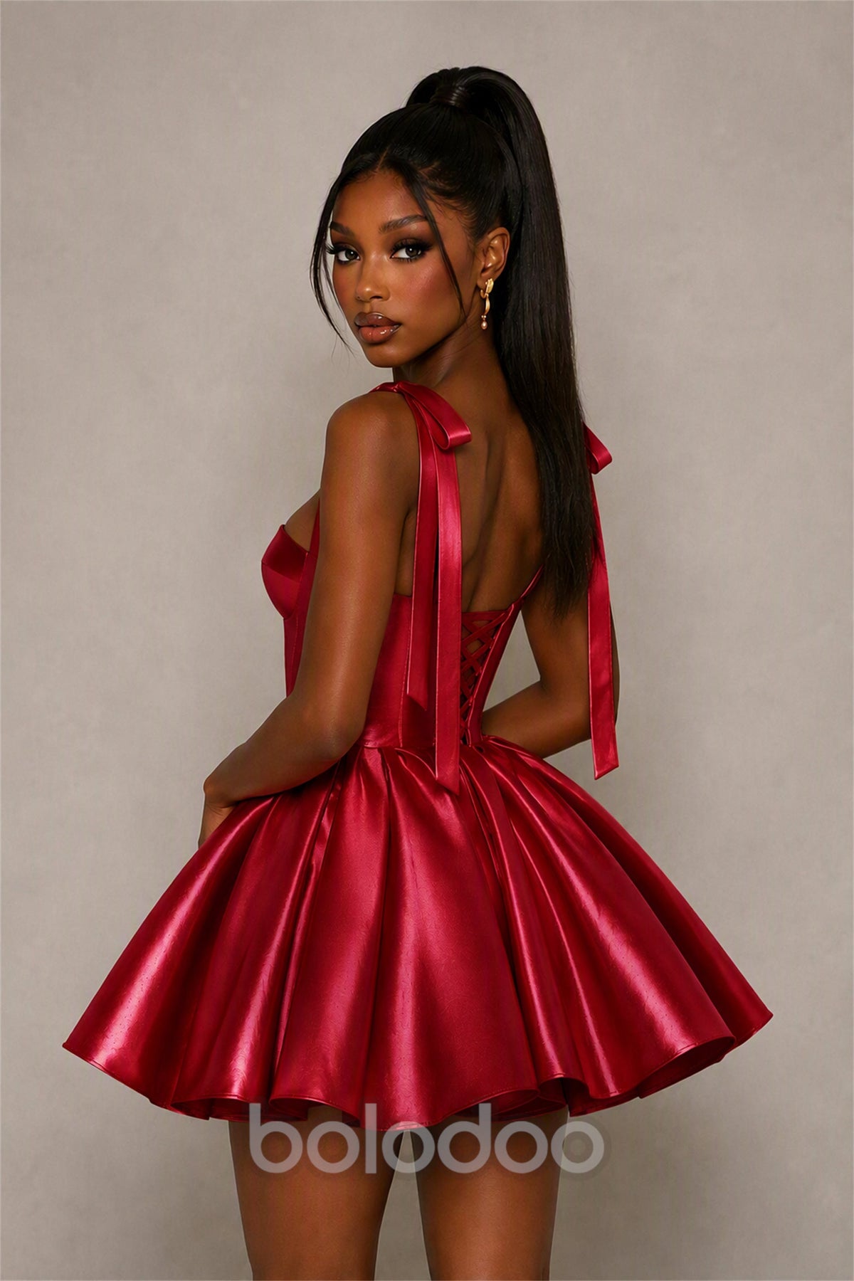 BOLODOO Burgundy Satin Sweetheart Corset Bow Strap Lace-Up Open Back Full Skirt Mini Dress | Prom Cocktail Party Dress - Burgundy | BOLODOO watermark