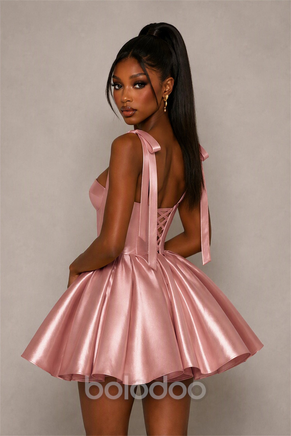 BOLODOO Dusty Rose Satin Sweetheart Corset Bow Strap Lace-Up Open Back Full Skirt Mini Dress | Prom Cocktail Party Dress - Dusty Rose | BOLODOO watermark