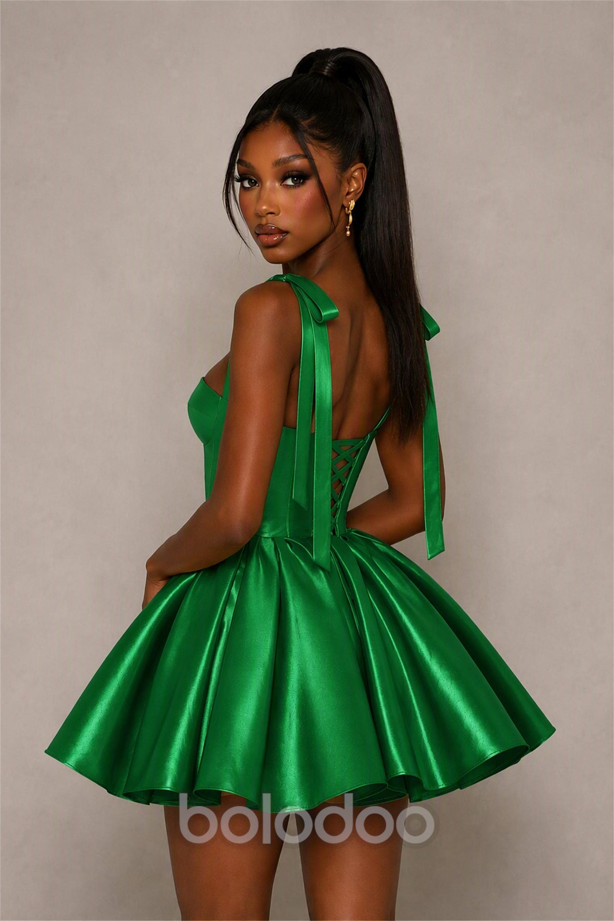 BOLODOO Emerald Green Satin Sweetheart Corset Bow Strap Lace-Up Open Back Full Skirt Mini Dress | Prom Cocktail Party Dress - Emerald Green | BOLODOO watermark