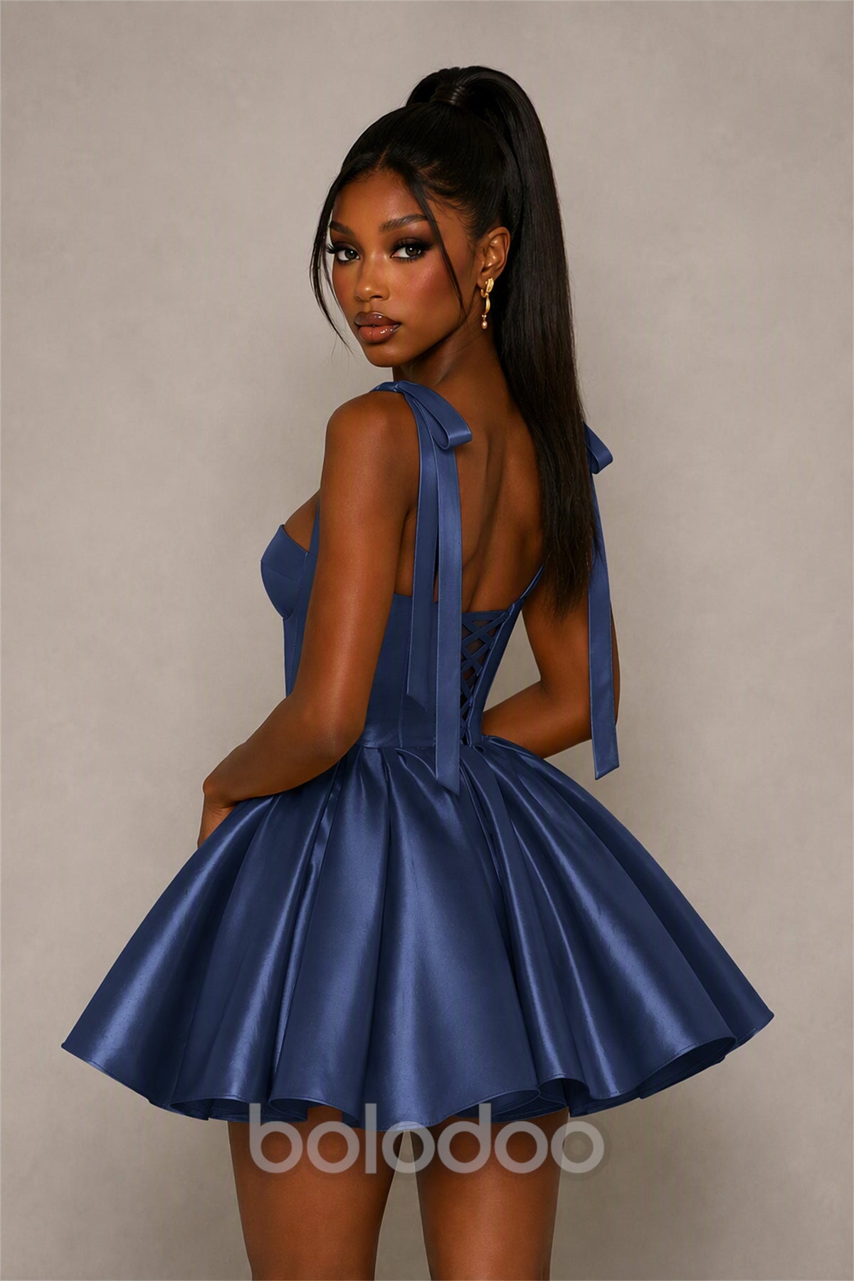 BOLODOO Navy Blue Satin Sweetheart Corset Bow Strap Lace-Up Open Back Full Skirt Mini Dress | Prom Cocktail Party Dress - Navy Blue | BOLODOO watermark