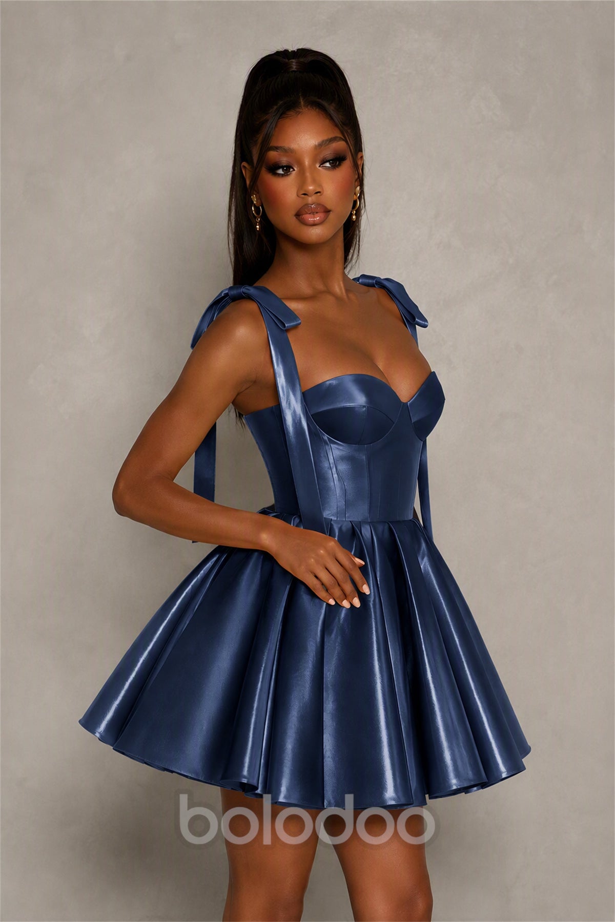 BOLODOO Navy Blue Satin Sweetheart Corset Bow Strap Lace-Up Open Back Full Skirt Mini Dress | Prom Cocktail Party Dress - Navy Blue | BOLODOO watermark
