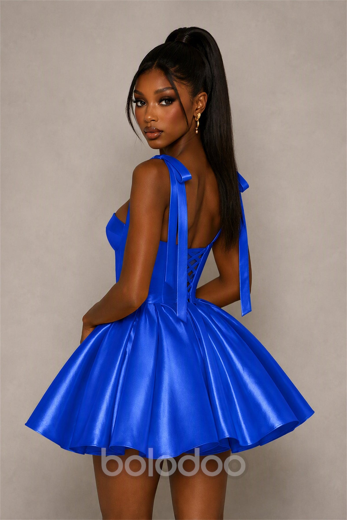 BOLODOO Royal Blue Satin Sweetheart Corset Bow Strap Lace-Up Open Back Full Skirt Mini Dress | Prom Cocktail Party Dress - Royal Blue | BOLODOO watermark