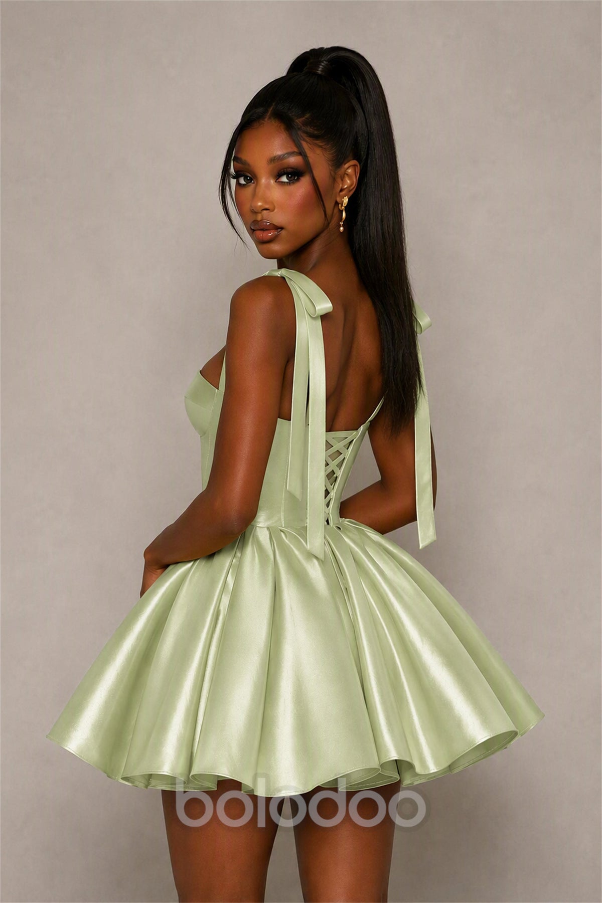 BOLODOO Sage Green Satin Sweetheart Corset Bow Strap Lace-Up Open Back Full Skirt Mini Dress | Prom Cocktail Party Dress - Sage Green | BOLODOO watermark