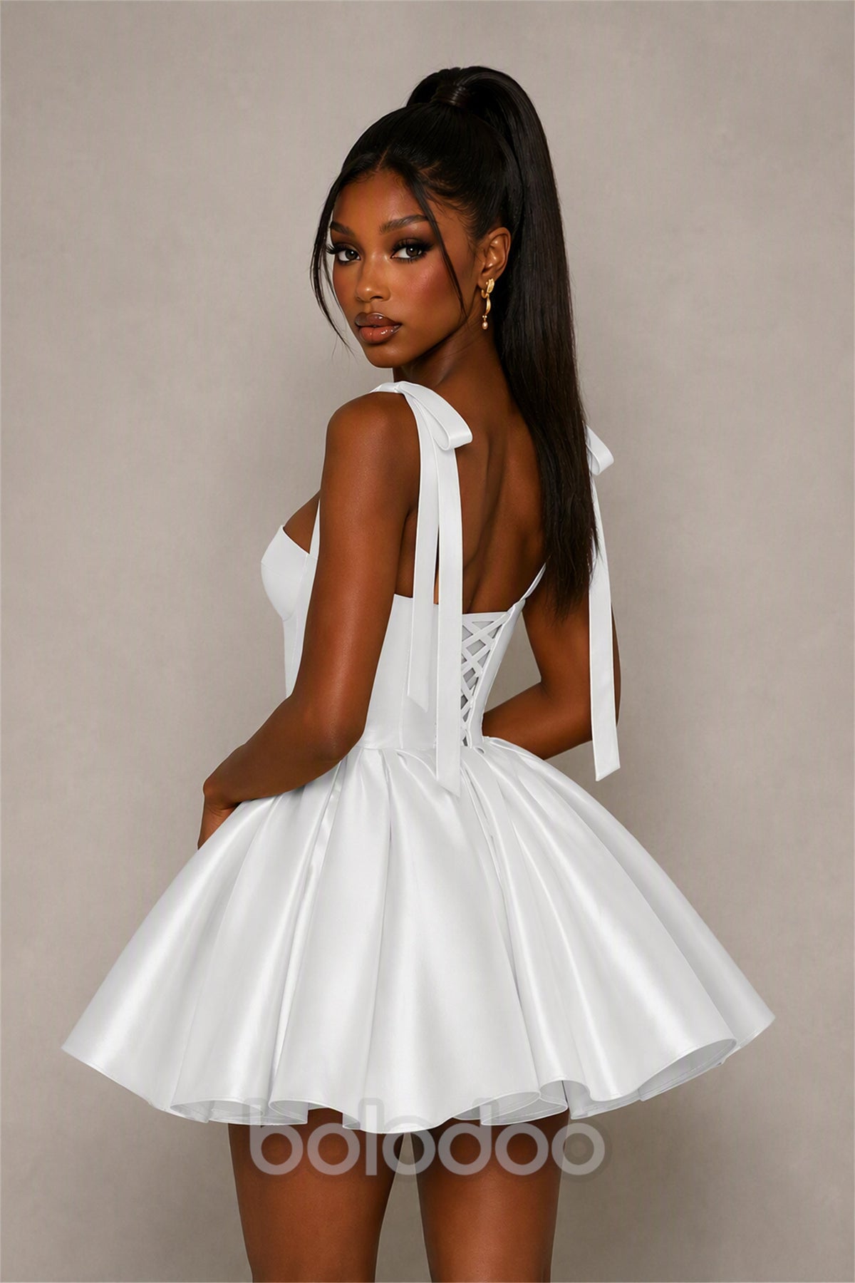 BOLODOO White Satin Sweetheart Corset Bow Strap Lace-Up Open Back Full Skirt Mini Dress | Prom Cocktail Party Dress - White | BOLODOO watermark