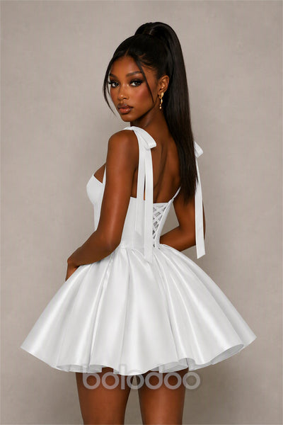 BOLODOO White Satin Sweetheart Corset Bow Strap Lace-Up Open Back Full Skirt Mini Dress | Prom Cocktail Party Dress - White | BOLODOO watermark