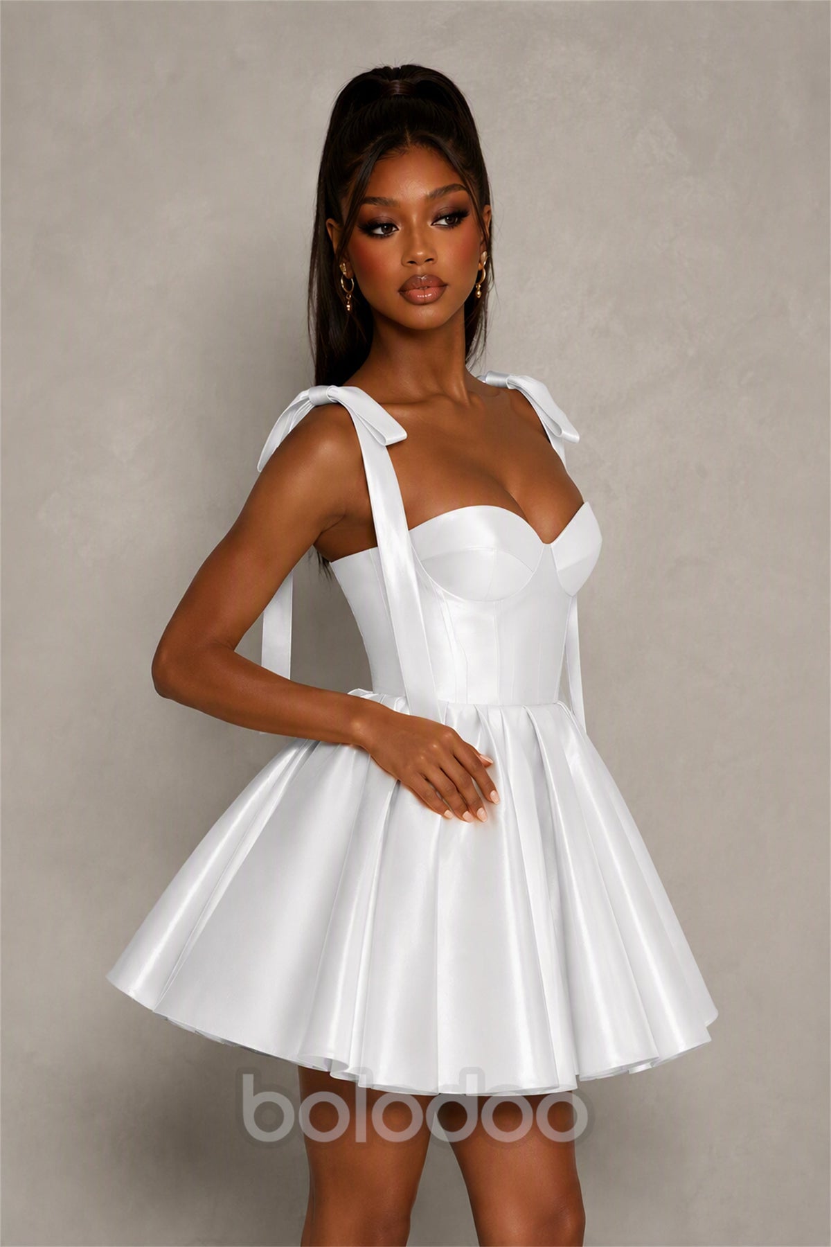 BOLODOO White Satin Sweetheart Corset Bow Strap Lace-Up Open Back Full Skirt Mini Dress | Prom Cocktail Party Dress - White | BOLODOO watermark