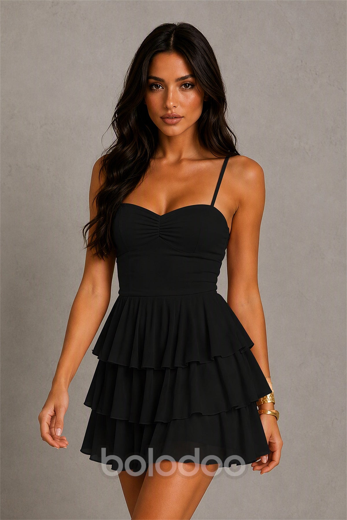 BOLODOO Black Chiffon Sweetheart Spaghetti Strap Lace-Up Open Back Tiered Ruffle Mini Dress | Cocktail Party Date Night Dress - Black | BOLODOO watermark