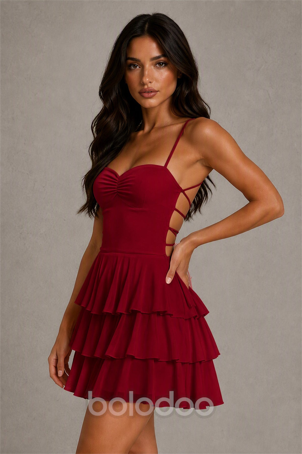 BOLODOO Burgundy Chiffon Sweetheart Spaghetti Strap Lace-Up Open Back Tiered Ruffle Mini Dress | Cocktail Party Date Night Dress - Burgundy | BOLODOO watermark