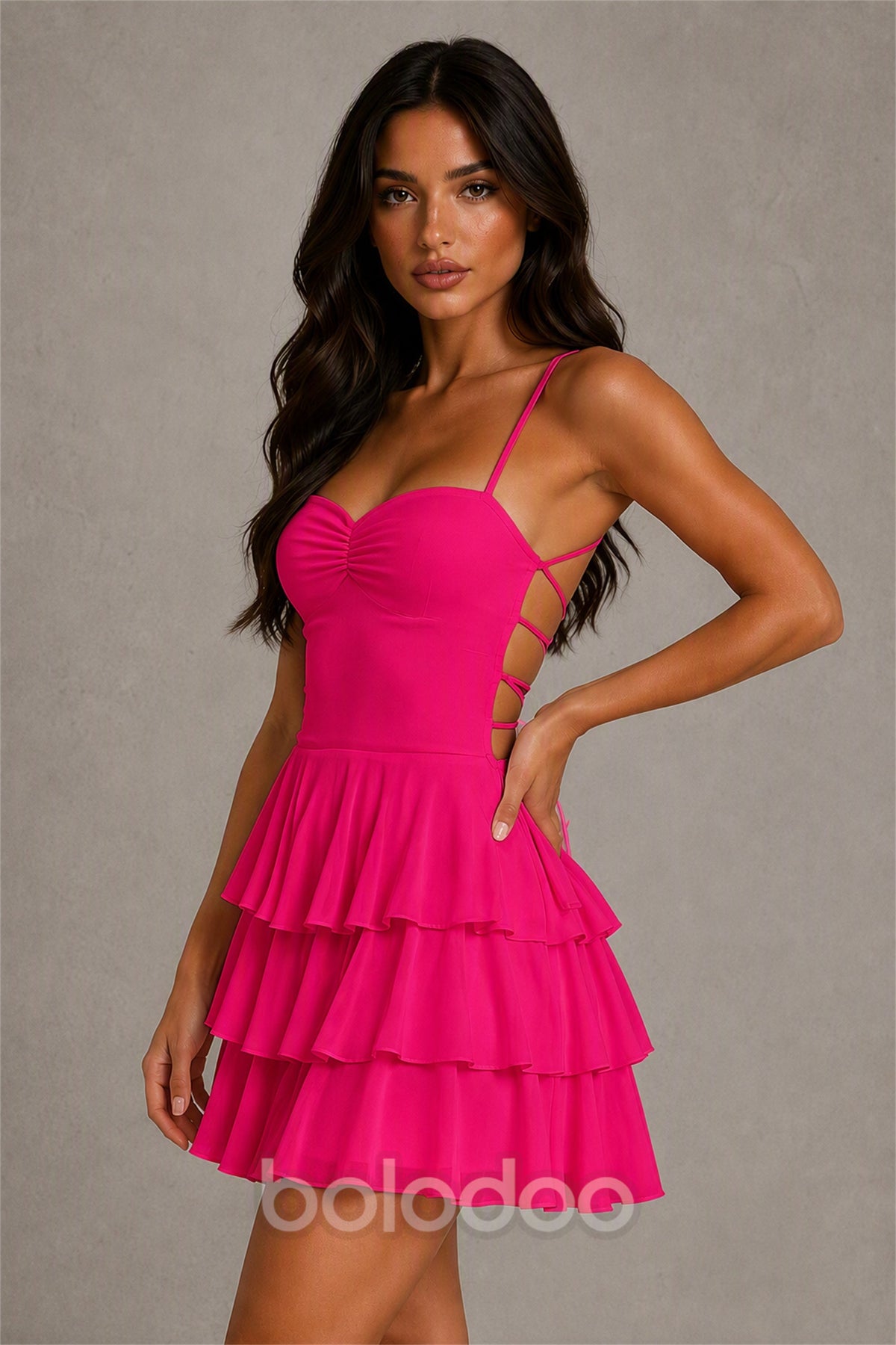 BOLODOO Hot Pink Chiffon Sweetheart Spaghetti Strap Lace-Up Open Back Tiered Ruffle Mini Dress | Cocktail Party Date Night Dress - Hot Pink | BOLODOO watermark