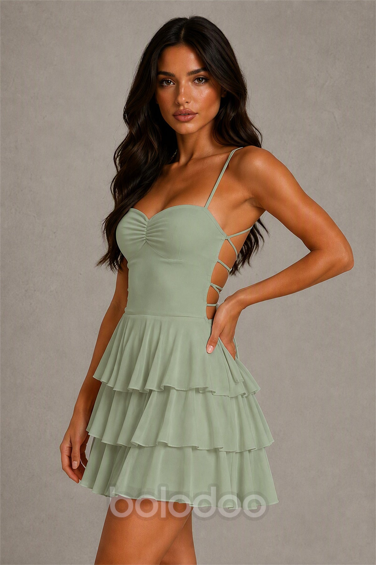 BOLODOO Sage Green Chiffon Sweetheart Spaghetti Strap Lace-Up Open Back Tiered Ruffle Mini Dress | Cocktail Party Date Night Dress - Sage Green | BOLODOO watermark