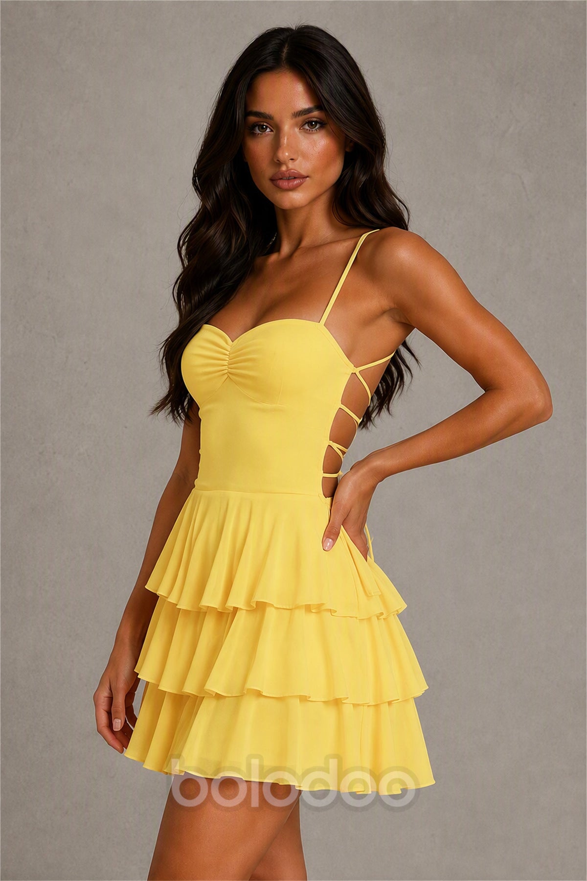 BOLODOO Yellow Chiffon Sweetheart Spaghetti Strap Lace-Up Open Back Tiered Ruffle Mini Dress | Cocktail Party Date Night Dress - Yellow | BOLODOO watermark