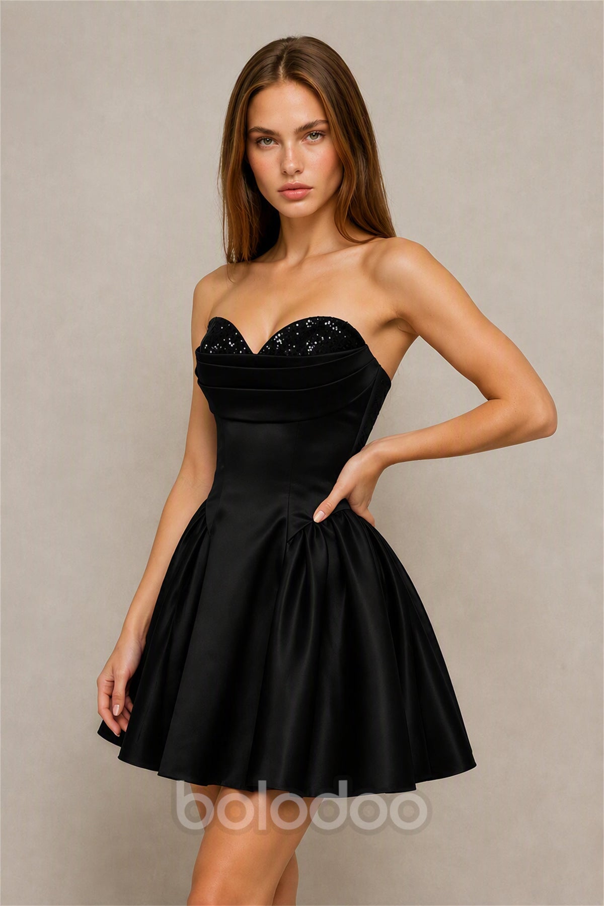 BOLODOO Black Satin Sequin Sweetheart Strapless Corset Lace-Up Back A-Line Mini Dress | Prom Cocktail Homecoming Dress - Black | BOLODOO watermark