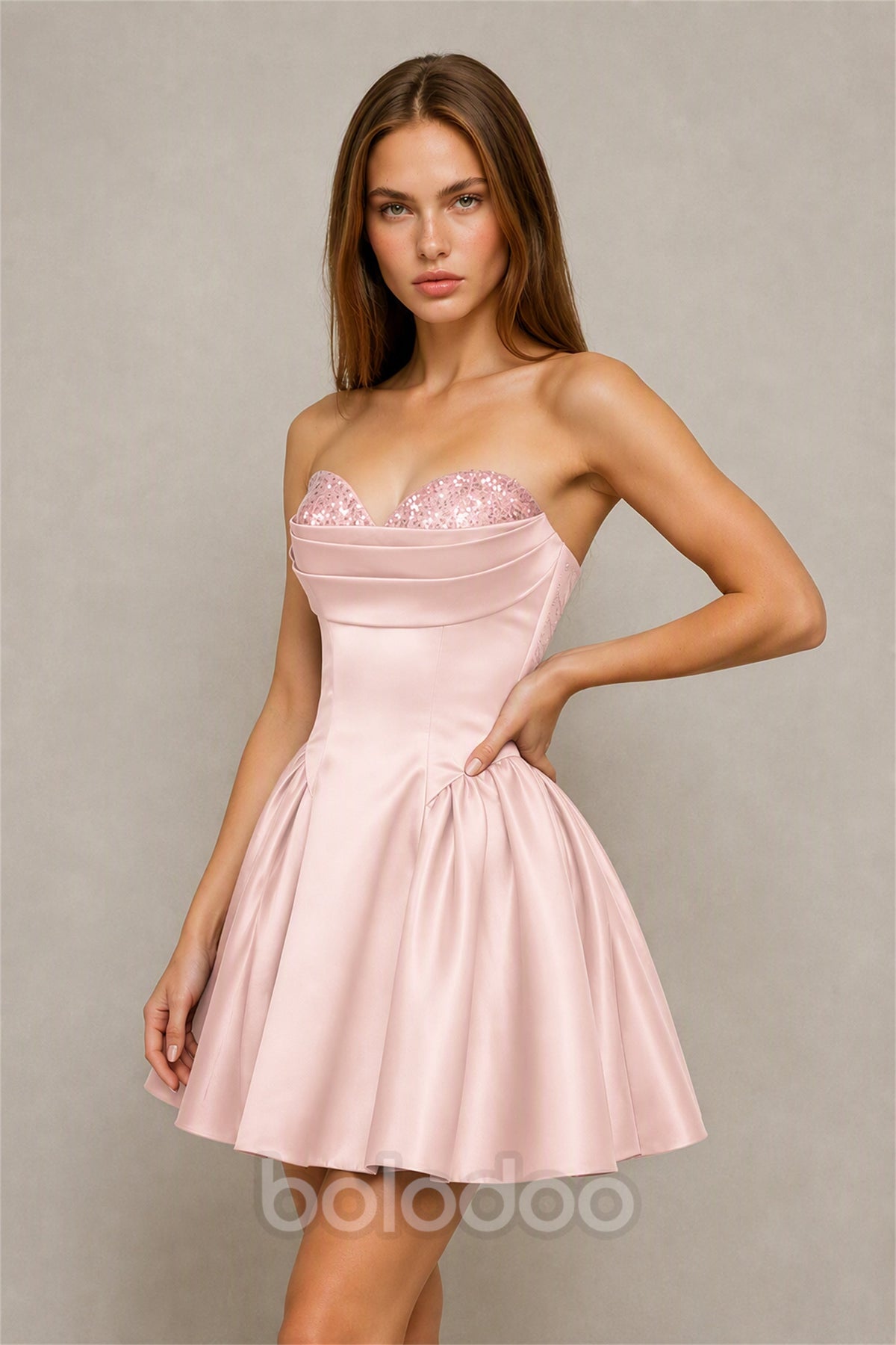 BOLODOO Blush Pink Satin Sequin Sweetheart Strapless Corset Lace-Up Back A-Line Mini Dress | Prom Cocktail Homecoming Dress - Blush Pink | BOLODOO watermark
