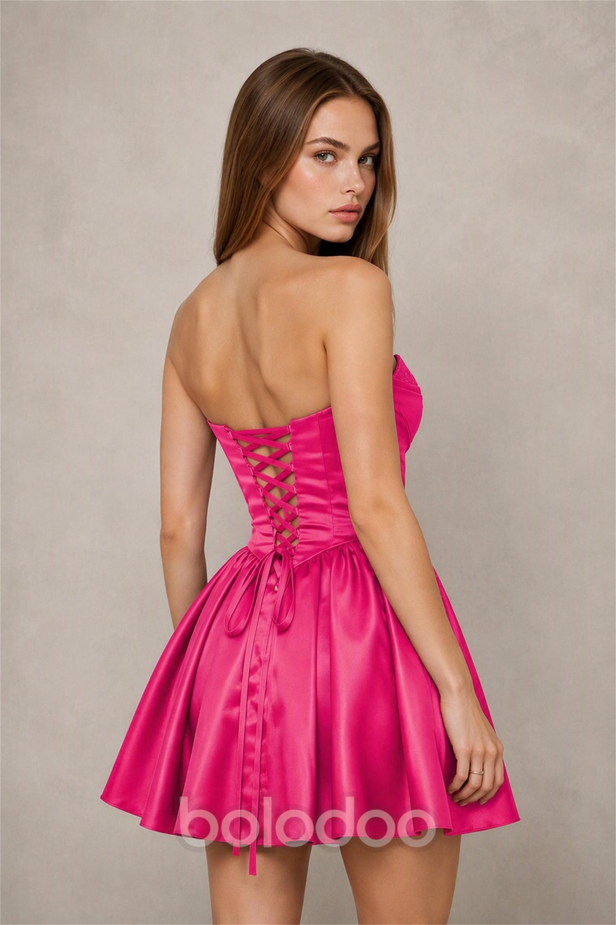 BOLODOO Hot Pink Satin Sequin Sweetheart Strapless Corset Lace-Up Back A-Line Mini Dress | Prom Cocktail Homecoming Dress - Hot Pink | BOLODOO watermark