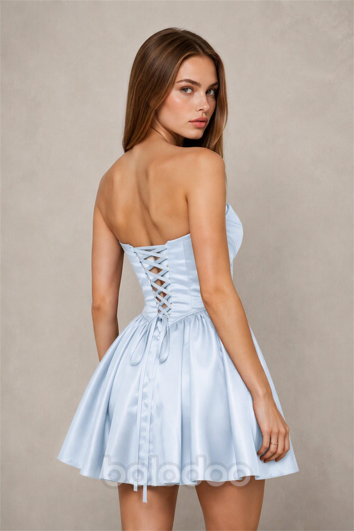 BOLODOO Light Blue Satin Sequin Sweetheart Strapless Corset Lace-Up Back A-Line Mini Dress | Prom Cocktail Homecoming Dress - Light Blue | BOLODOO watermark