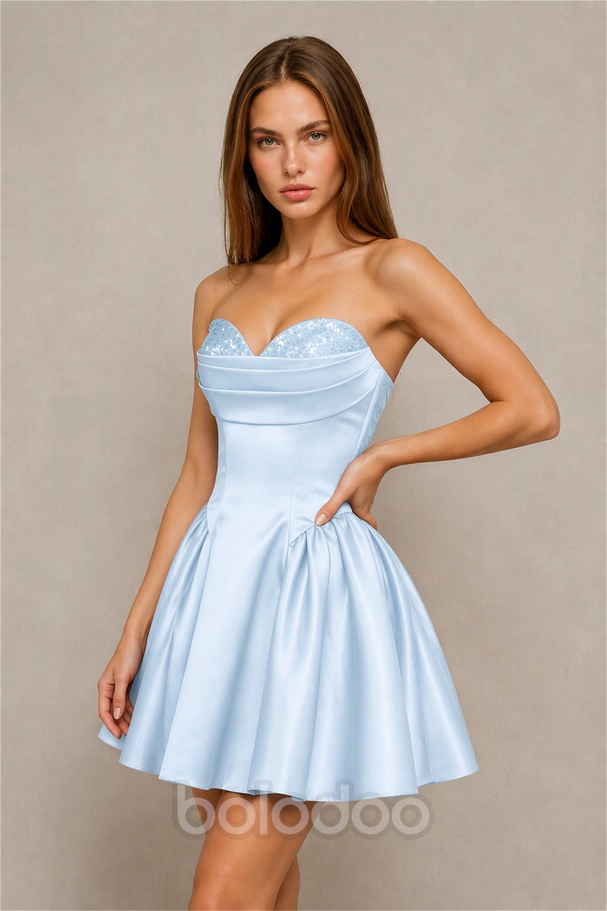 BOLODOO Light Blue Satin Sequin Sweetheart Strapless Corset Lace-Up Back A-Line Mini Dress | Prom Cocktail Homecoming Dress - Light Blue | BOLODOO watermark