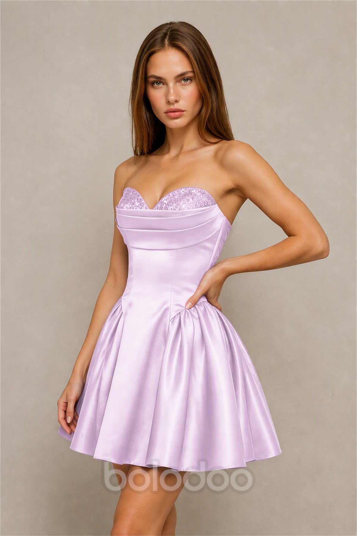 BOLODOO Lilac Satin Sequin Sweetheart Strapless Corset Lace-Up Back A-Line Mini Dress | Prom Cocktail Homecoming Dress - Lilac | BOLODOO watermark