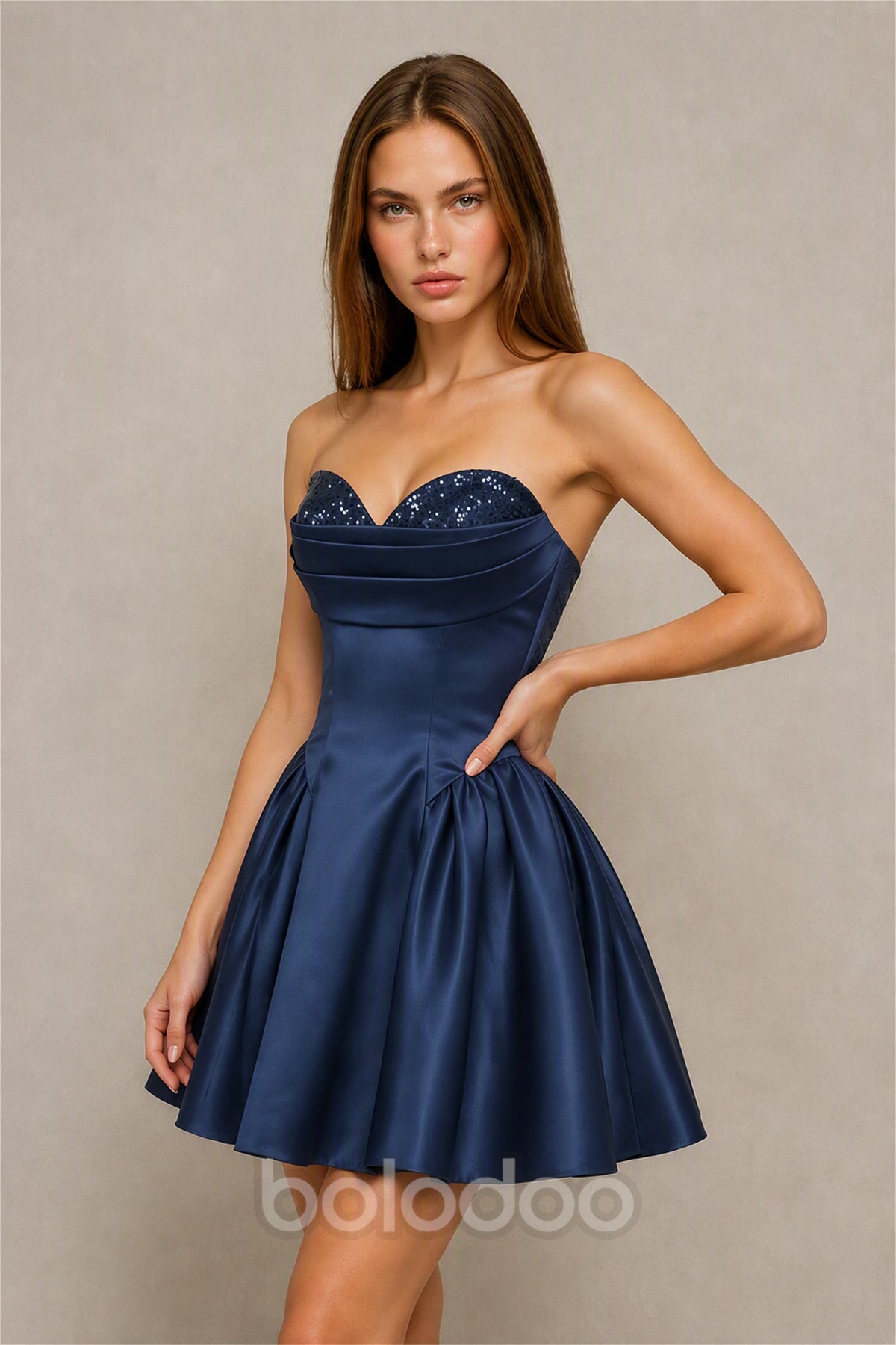 BOLODOO Navy Blue Satin Sequin Sweetheart Strapless Corset Lace-Up Back A-Line Mini Dress | Prom Cocktail Homecoming Dress - Navy Blue | BOLODOO watermark