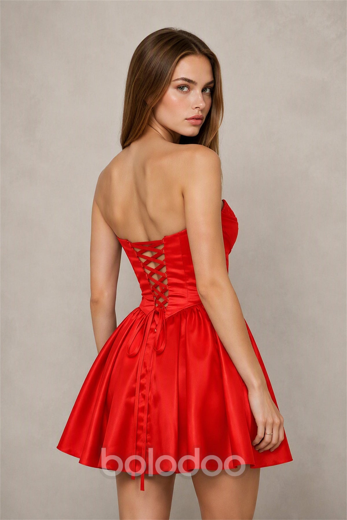 BOLODOO Red Satin Sequin Sweetheart Strapless Corset Lace-Up Back A-Line Mini Dress | Prom Cocktail Homecoming Dress - Red | BOLODOO watermark