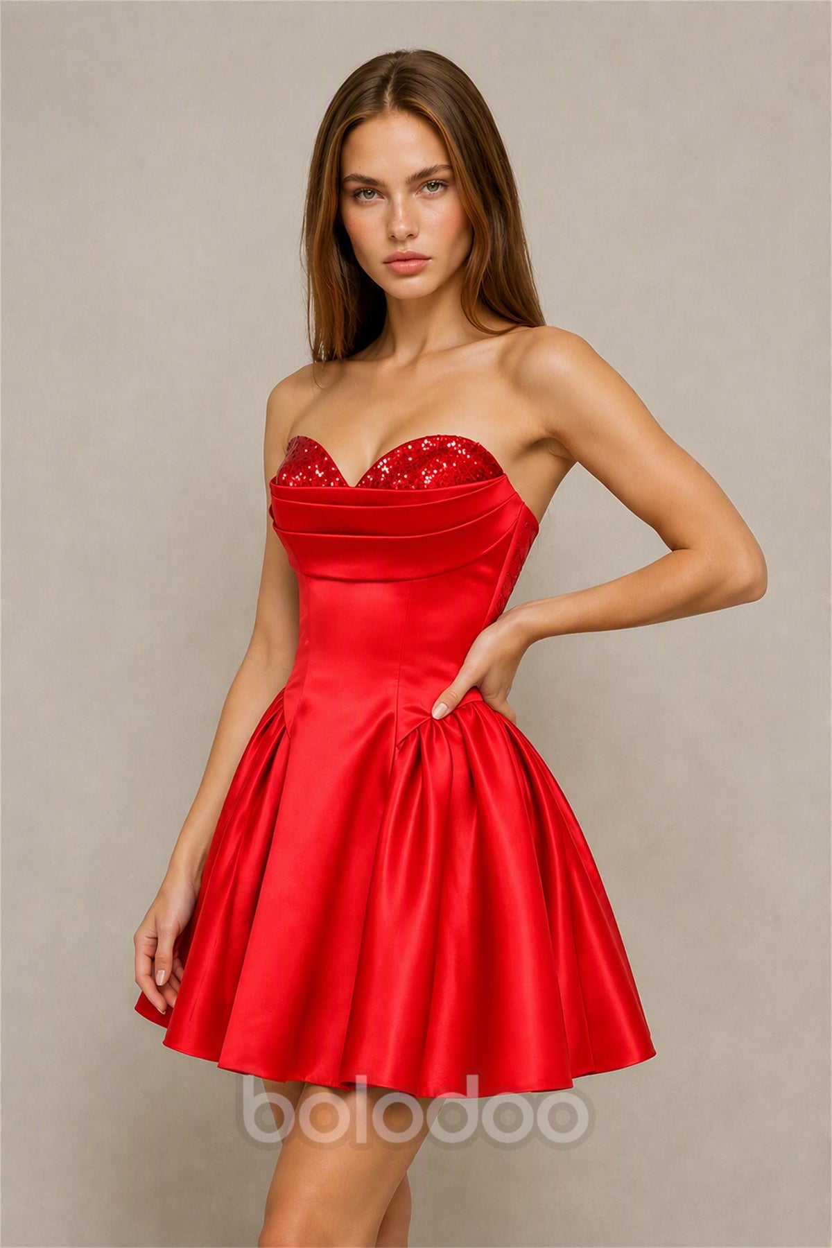 BOLODOO Red Satin Sequin Sweetheart Strapless Corset Lace-Up Back A-Line Mini Dress | Prom Cocktail Homecoming Dress - Red | BOLODOO watermark