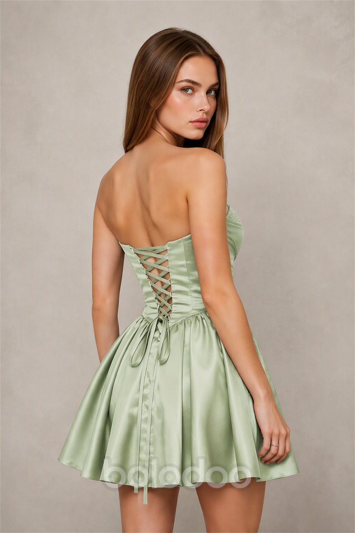 BOLODOO Sage Green Satin Sequin Sweetheart Strapless Corset Lace-Up Back A-Line Mini Dress | Prom Cocktail Homecoming Dress - Sage Green | BOLODOO watermark
