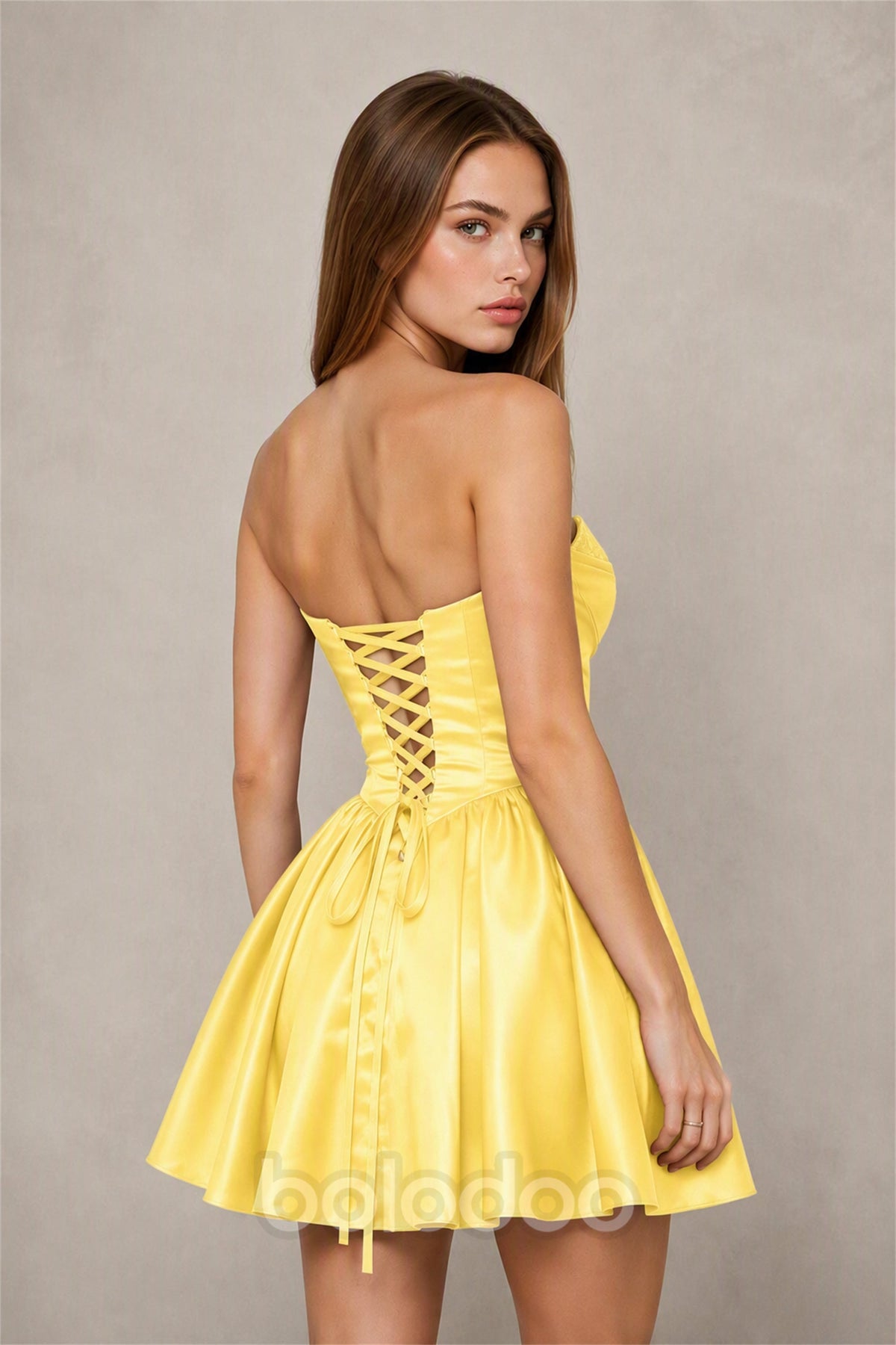 BOLODOO Yellow Satin Sequin Sweetheart Strapless Corset Lace-Up Back A-Line Mini Dress | Prom Cocktail Homecoming Dress - Yellow | BOLODOO watermark