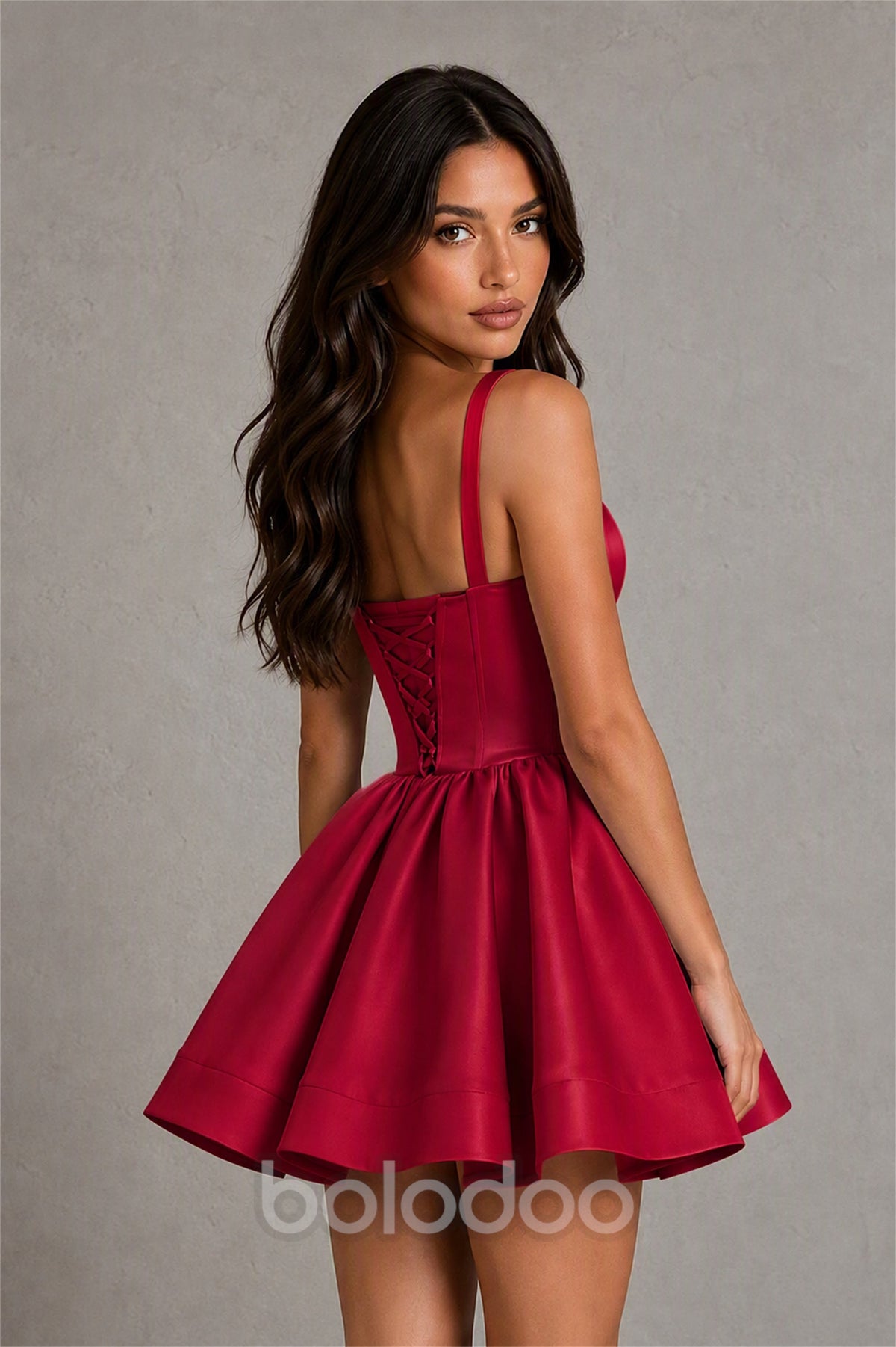 BOLODOO Baby Burgundy Satin Square Neck Bow Strap Lace-Up Back Bubble Mini Dress | Cocktail Party Date Night Dress - Burgundy | BOLODOO watermark