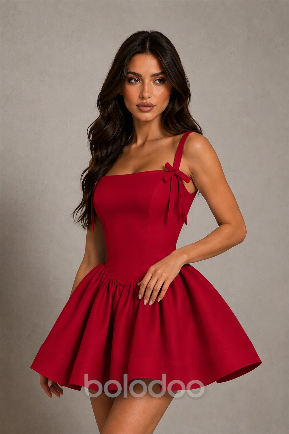 BOLODOO Baby Burgundy Satin Square Neck Bow Strap Lace-Up Back Bubble Mini Dress | Cocktail Party Date Night Dress - Burgundy | BOLODOO watermark