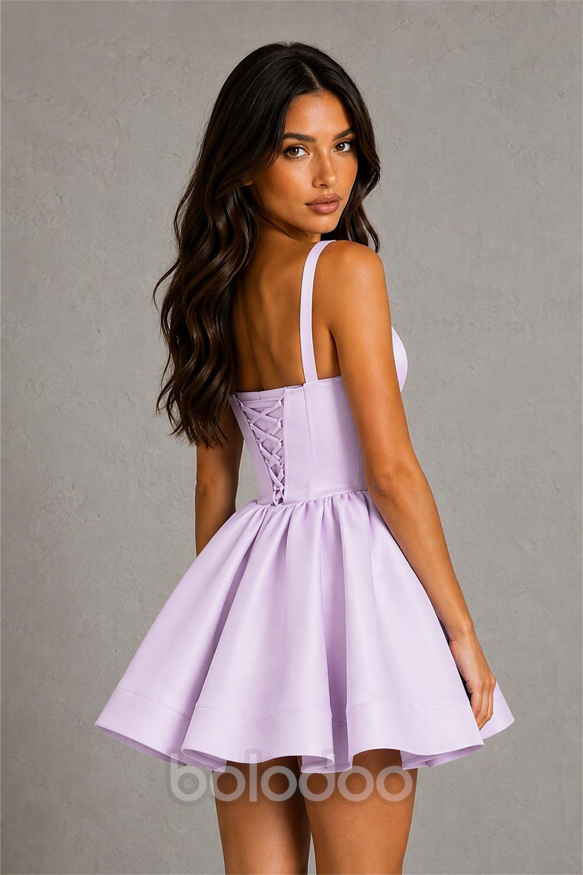 BOLODOO Baby Lilac Satin Square Neck Bow Strap Lace-Up Back Bubble Mini Dress | Cocktail Party Date Night Dress - Lilac | BOLODOO watermark