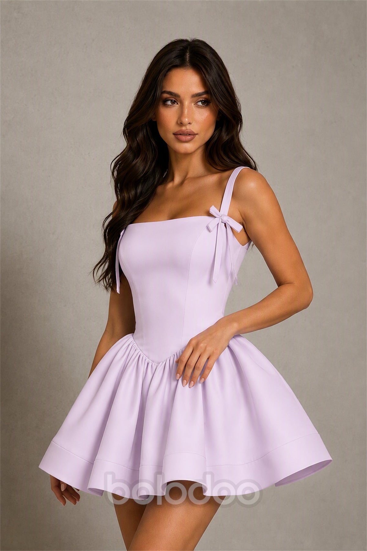 BOLODOO Baby Lilac Satin Square Neck Bow Strap Lace-Up Back Bubble Mini Dress | Cocktail Party Date Night Dress - Lilac | BOLODOO watermark