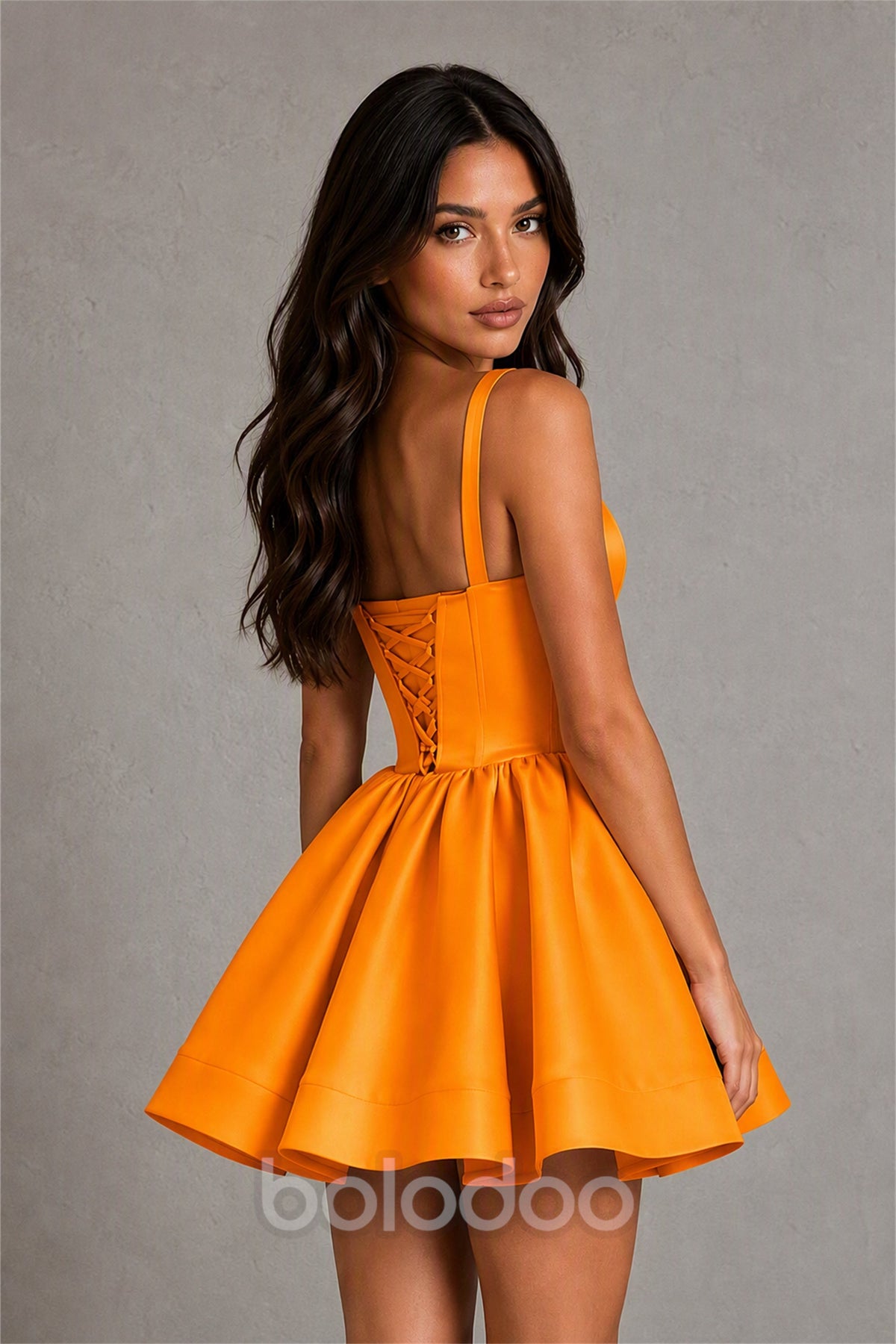 BOLODOO Baby Orange Satin Square Neck Bow Strap Lace-Up Back Bubble Mini Dress | Cocktail Party Date Night Dress - Orange | BOLODOO watermark