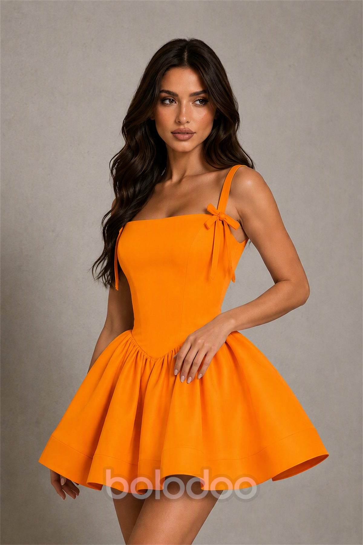 BOLODOO Baby Orange Satin Square Neck Bow Strap Lace-Up Back Bubble Mini Dress | Cocktail Party Date Night Dress - Orange | BOLODOO watermark