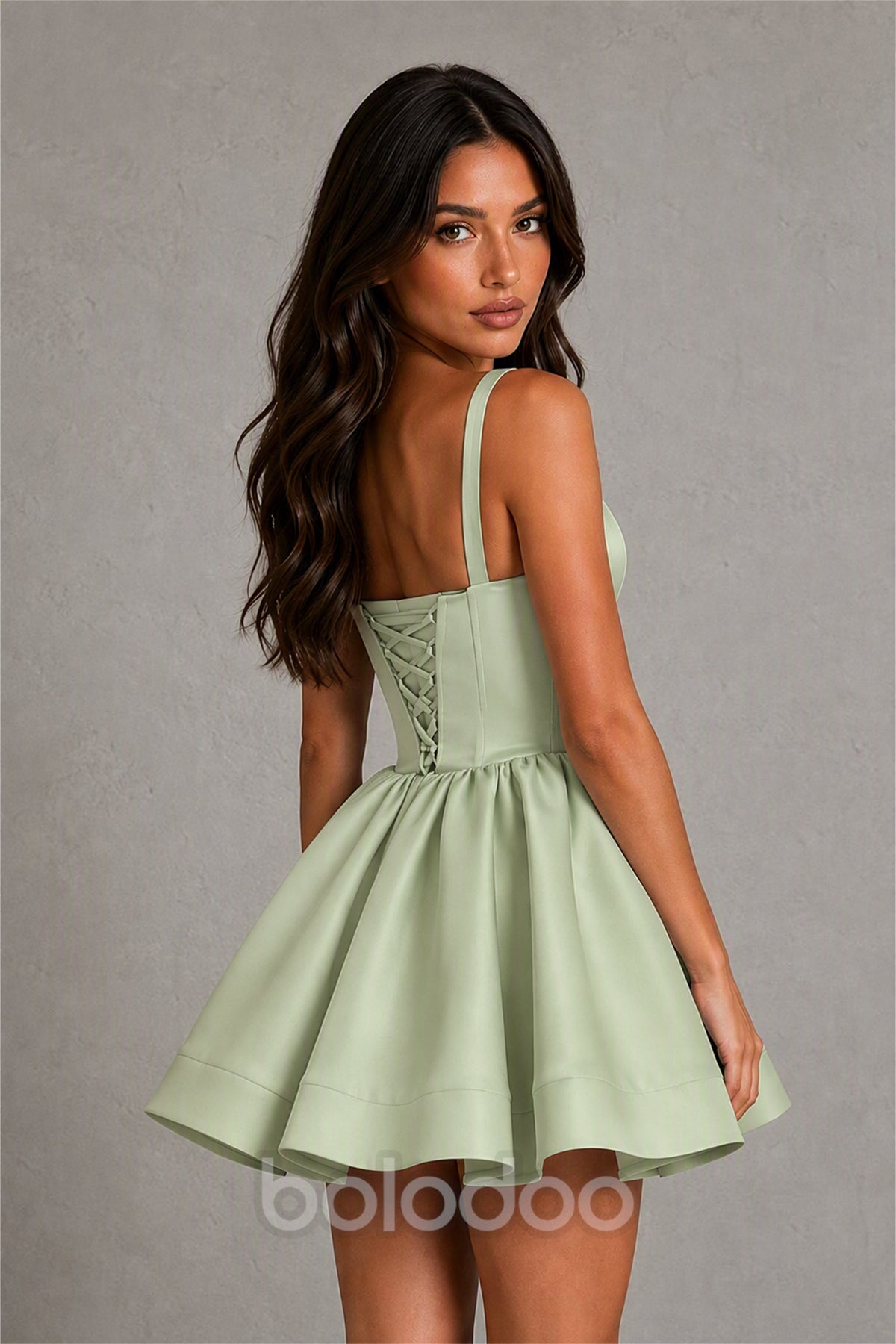 BOLODOO Baby Sage Green Satin Square Neck Bow Strap Lace-Up Back Bubble Mini Dress | Cocktail Party Date Night Dress - Sage Green | BOLODOO watermark
