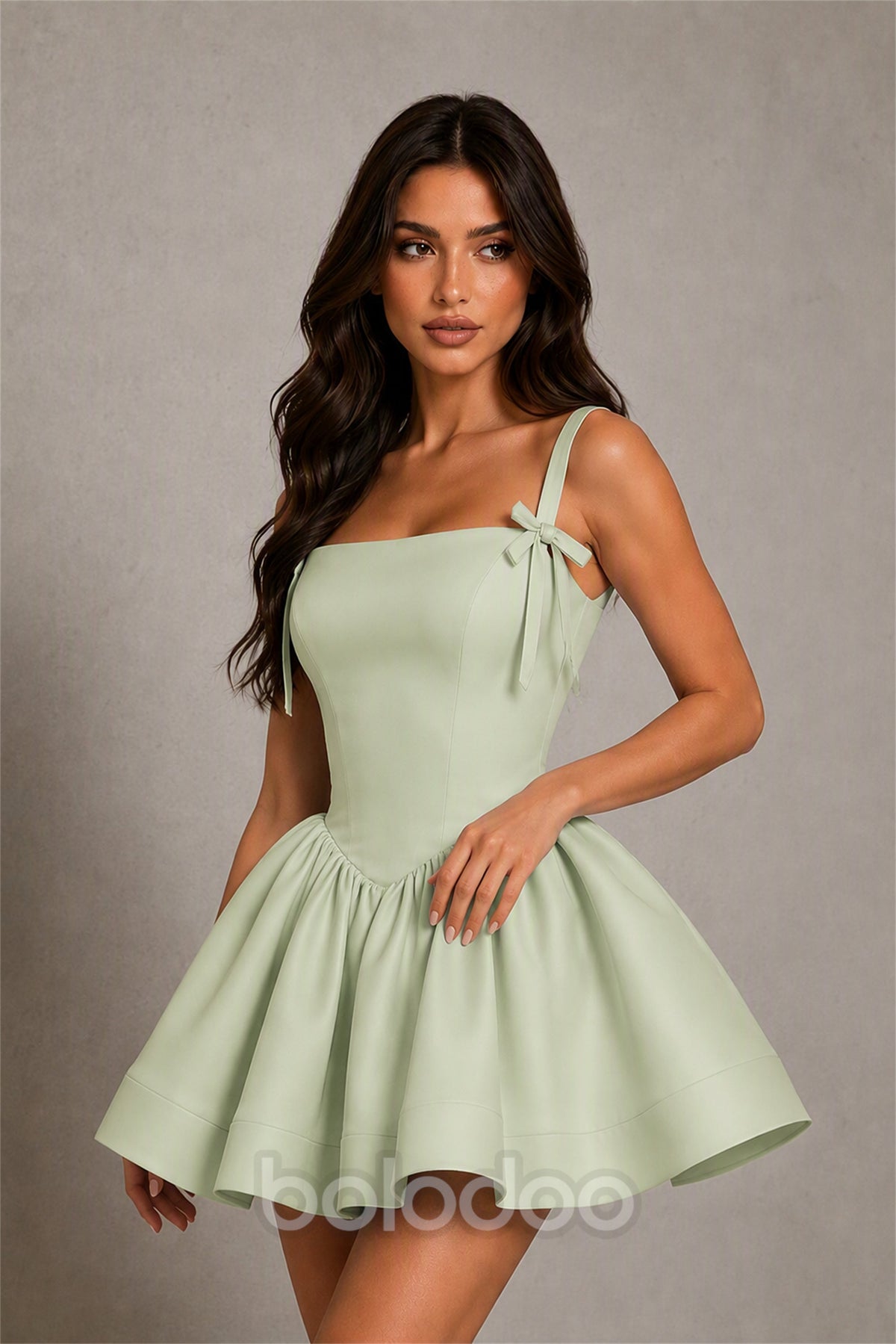 BOLODOO Baby Sage Green Satin Square Neck Bow Strap Lace-Up Back Bubble Mini Dress | Cocktail Party Date Night Dress - Sage Green | BOLODOO watermark