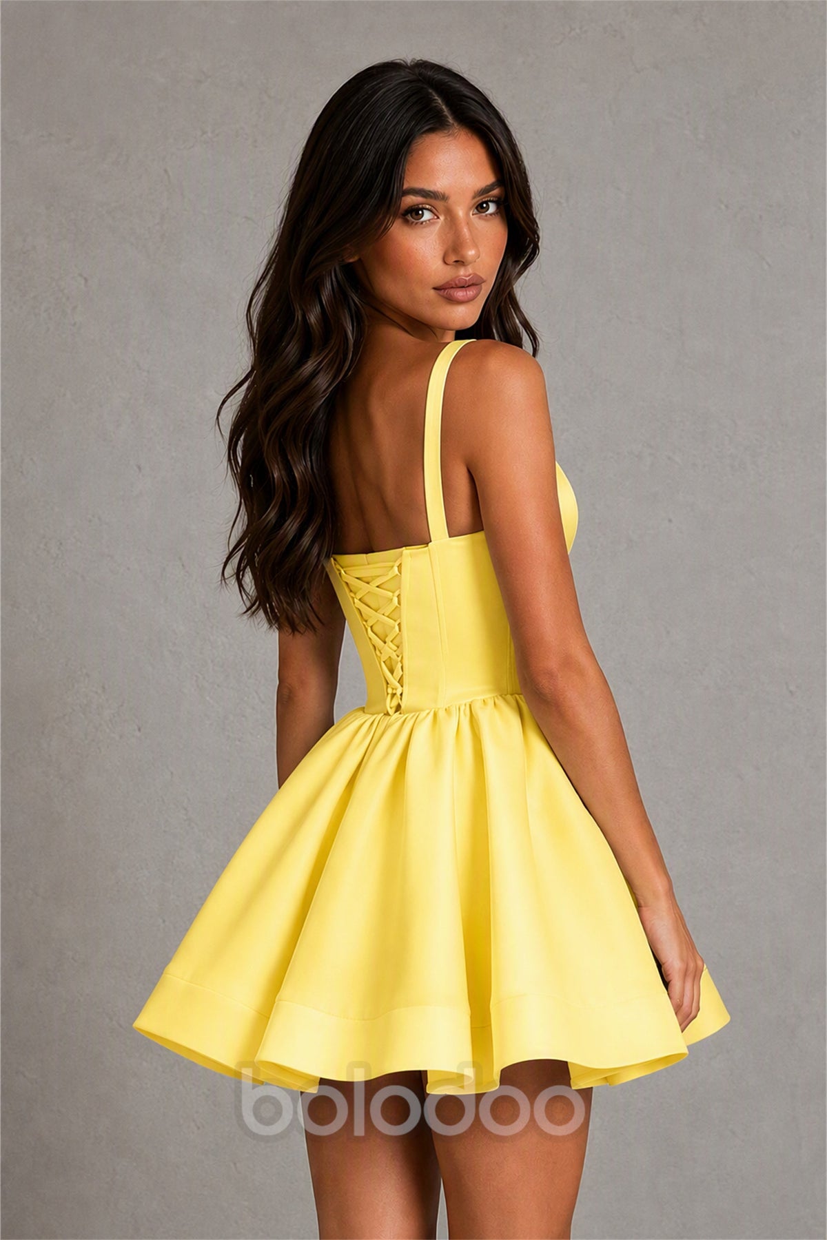BOLODOO Baby Yellow Satin Square Neck Bow Strap Lace-Up Back Bubble Mini Dress | Cocktail Party Date Night Dress - Yellow | BOLODOO watermark