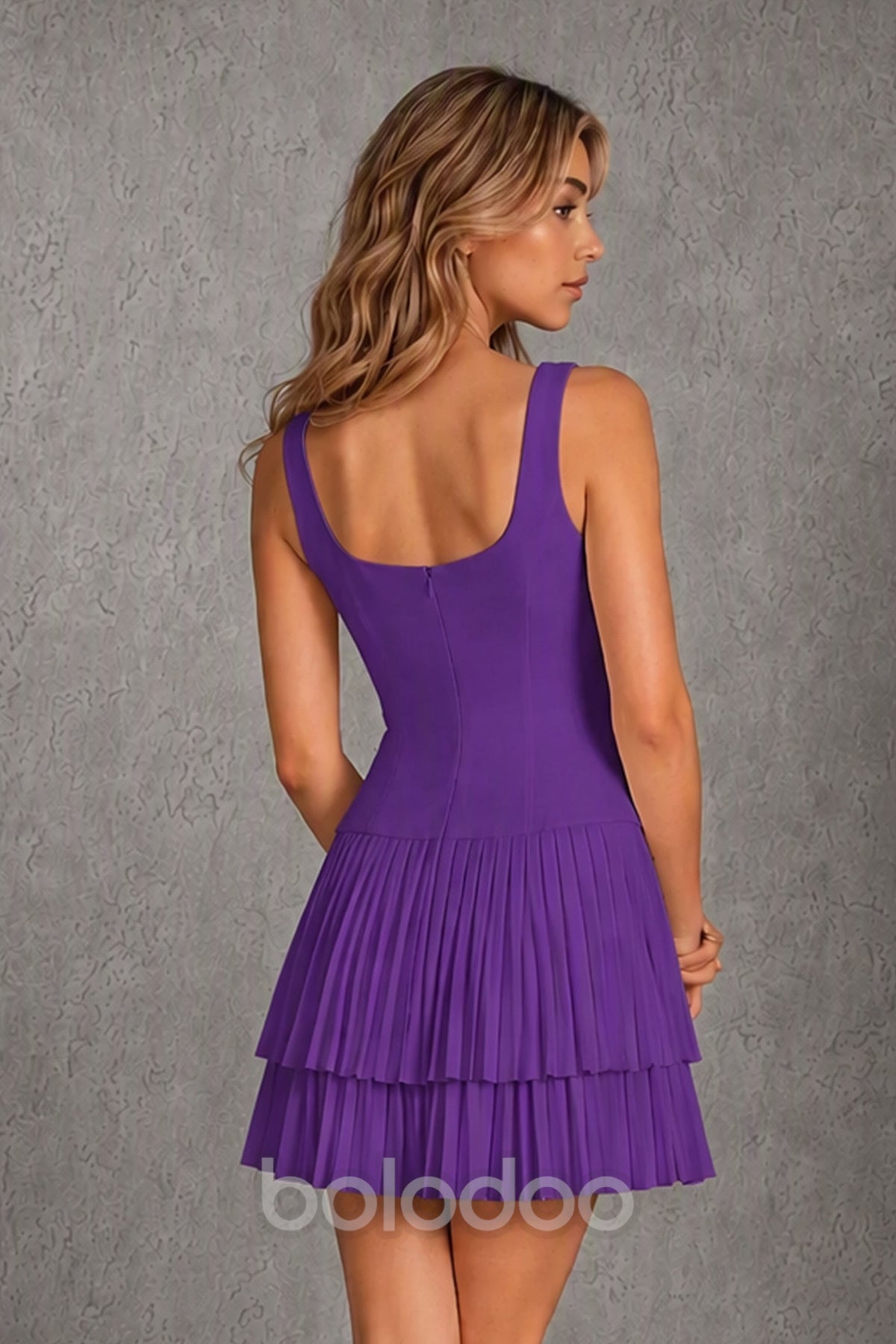 BOLODOO Purple Knit Square Neck Wide Strap Corset Bodice Tiered Pleated Mini Dress with Low Back - Purple | BOLODOO watermark