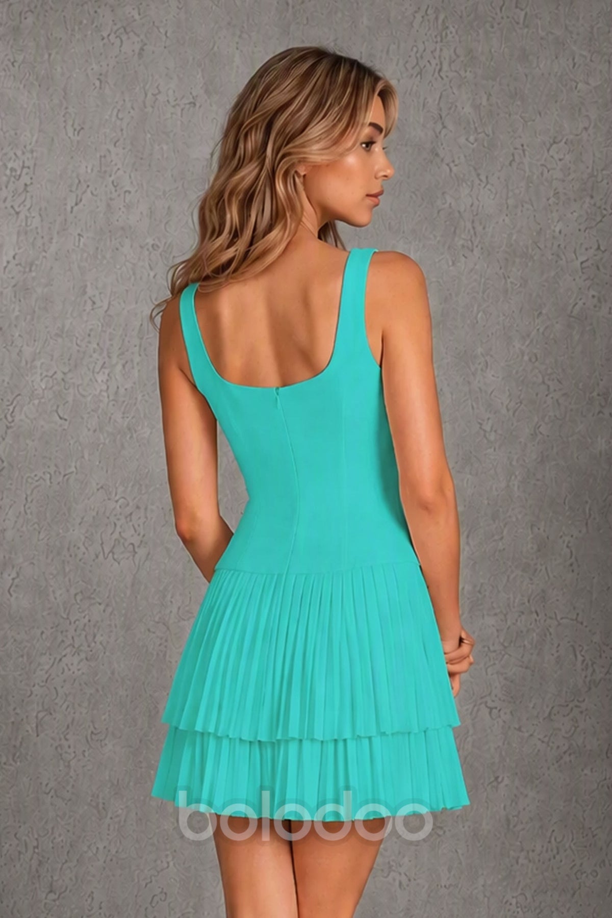BOLODOO Turquoise Knit Square Neck Wide Strap Corset Bodice Tiered Pleated Mini Dress with Low Back - Turquoise | BOLODOO watermark