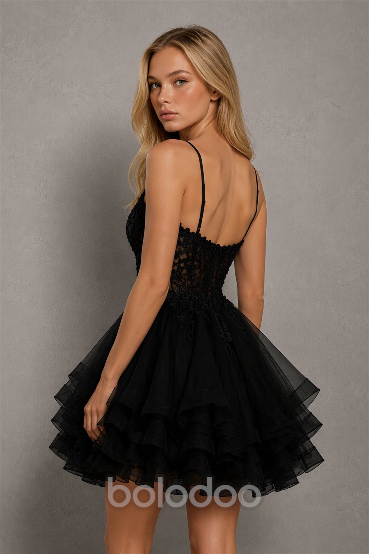 BOLODOO Black 3D Floral Lace Corset Deep V Spaghetti Strap Tiered Tulle Mini Dress - Black | BOLODOO watermark