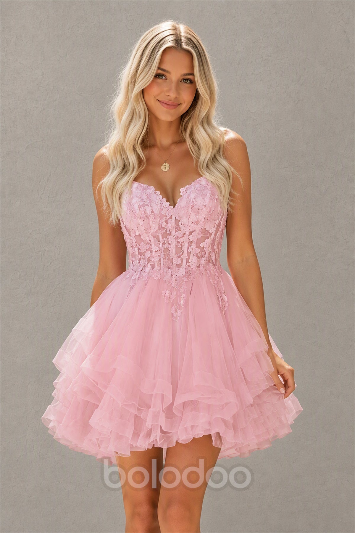 BOLODOO Blush Pink 3D Floral Lace Corset Deep V Spaghetti Strap Tiered Tulle Mini Dress - Blush Pink | BOLODOO watermark