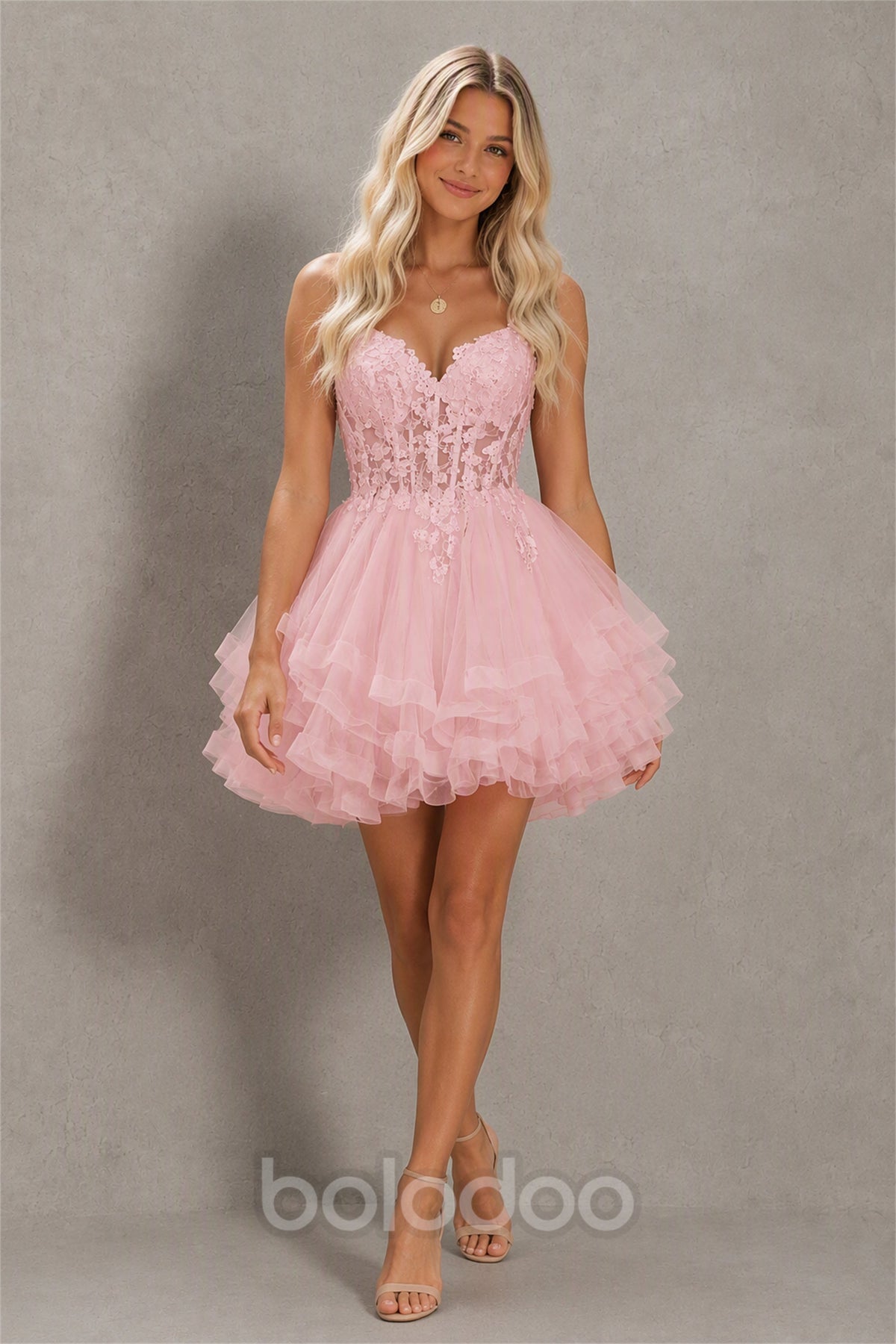 BOLODOO Blush Pink 3D Floral Lace Corset Deep V Spaghetti Strap Tiered Tulle Mini Dress - Blush Pink | BOLODOO watermark