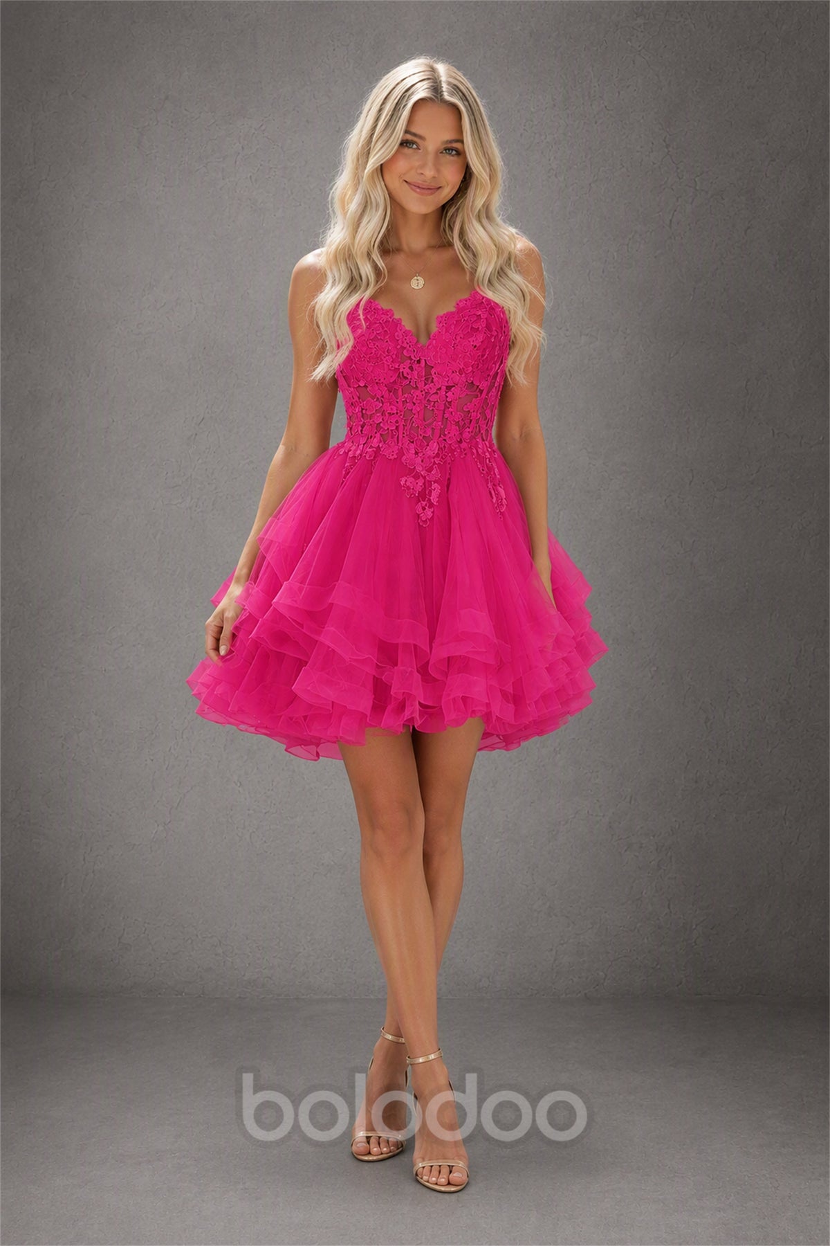 BOLODOO Hot Pink 3D Floral Lace Corset Deep V Spaghetti Strap Tiered Tulle Mini Dress - Hot Pink | BOLODOO watermark