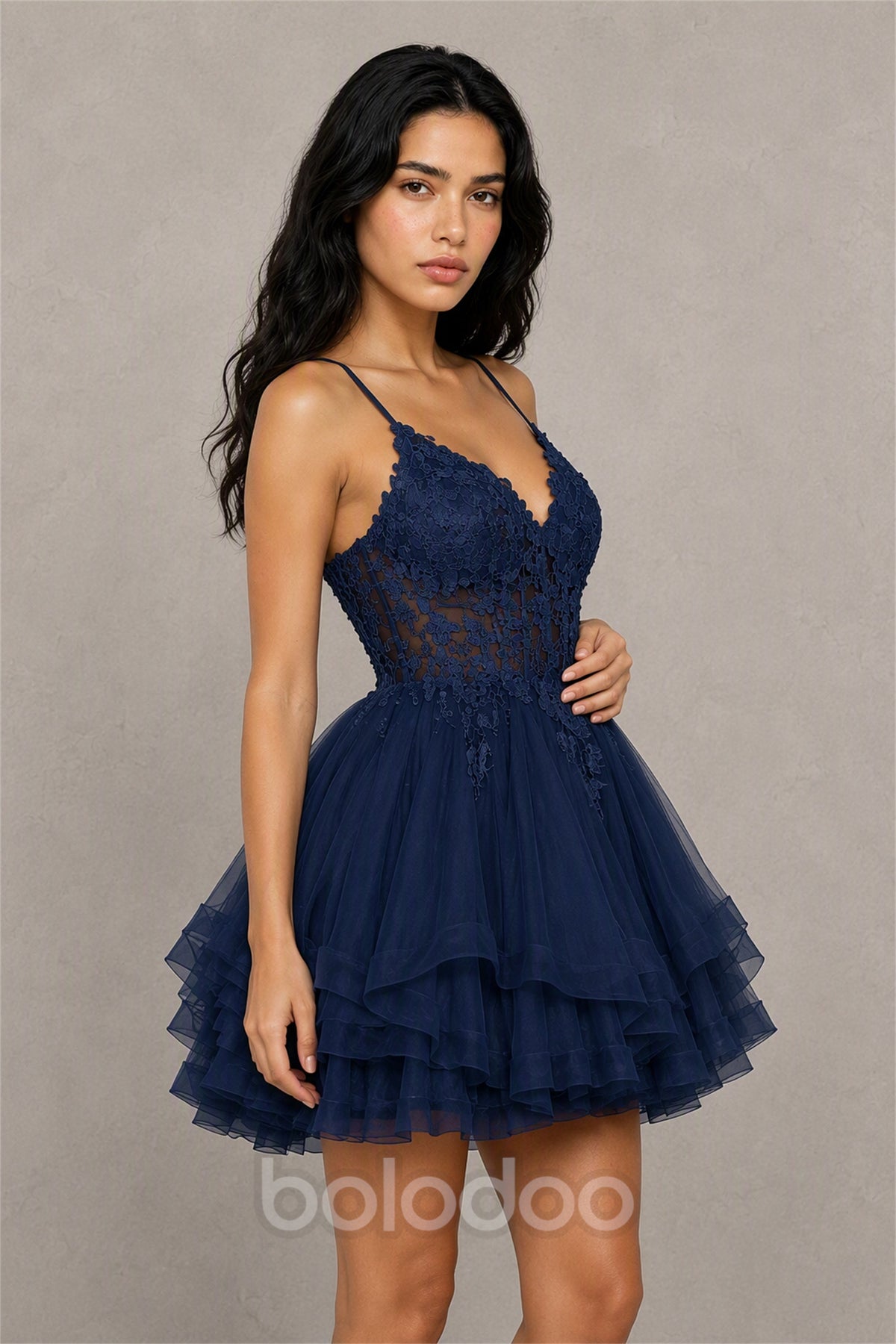 BOLODOO Navy Blue 3D Floral Lace Corset Deep V Spaghetti Strap Tiered Tulle Mini Dress - Navy Blue | BOLODOO watermark